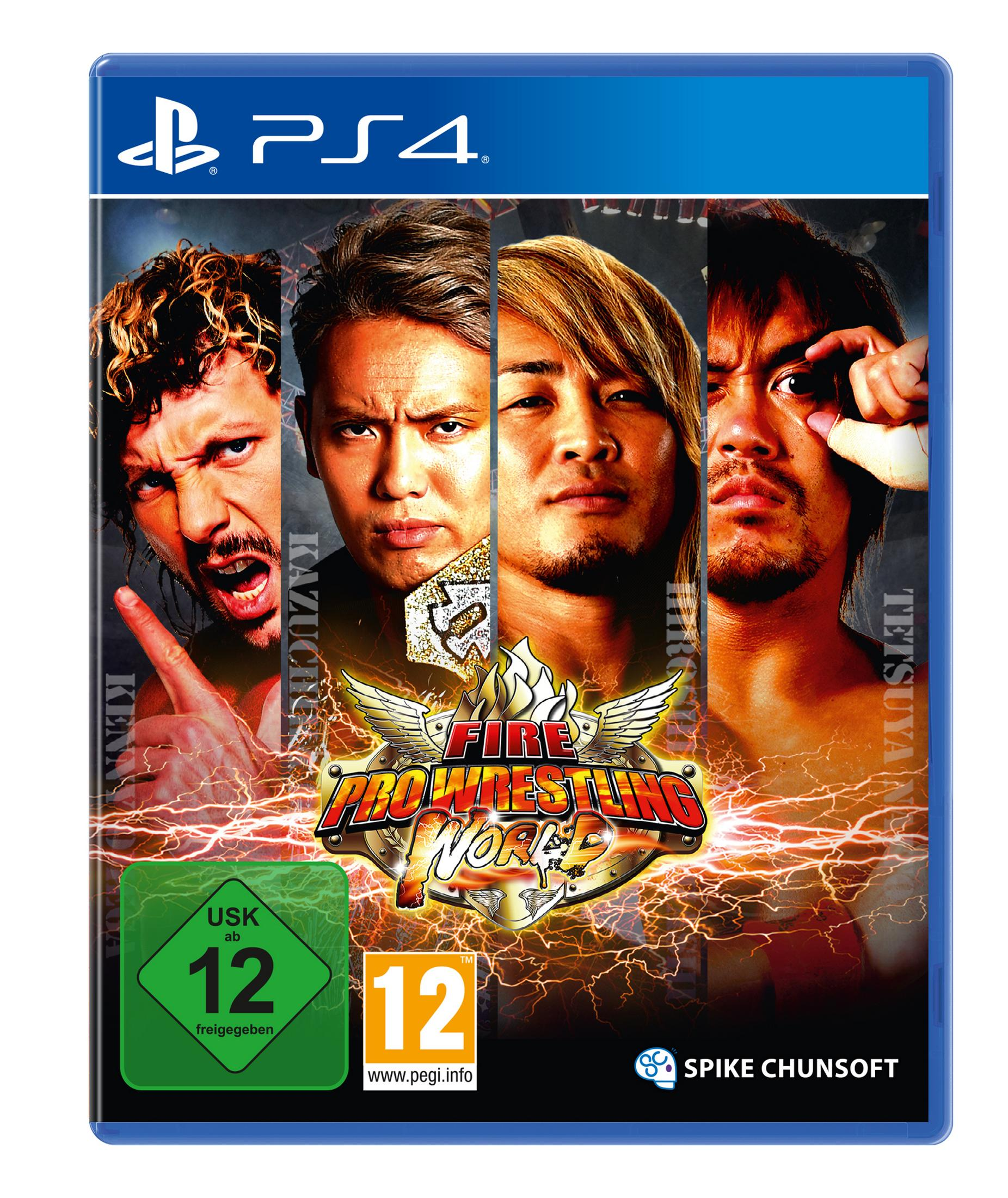 PS4-Spielhülle. Cover zeigt vier Wrestler, Titel 'FIRE PRO WRESTLING WORLD'.