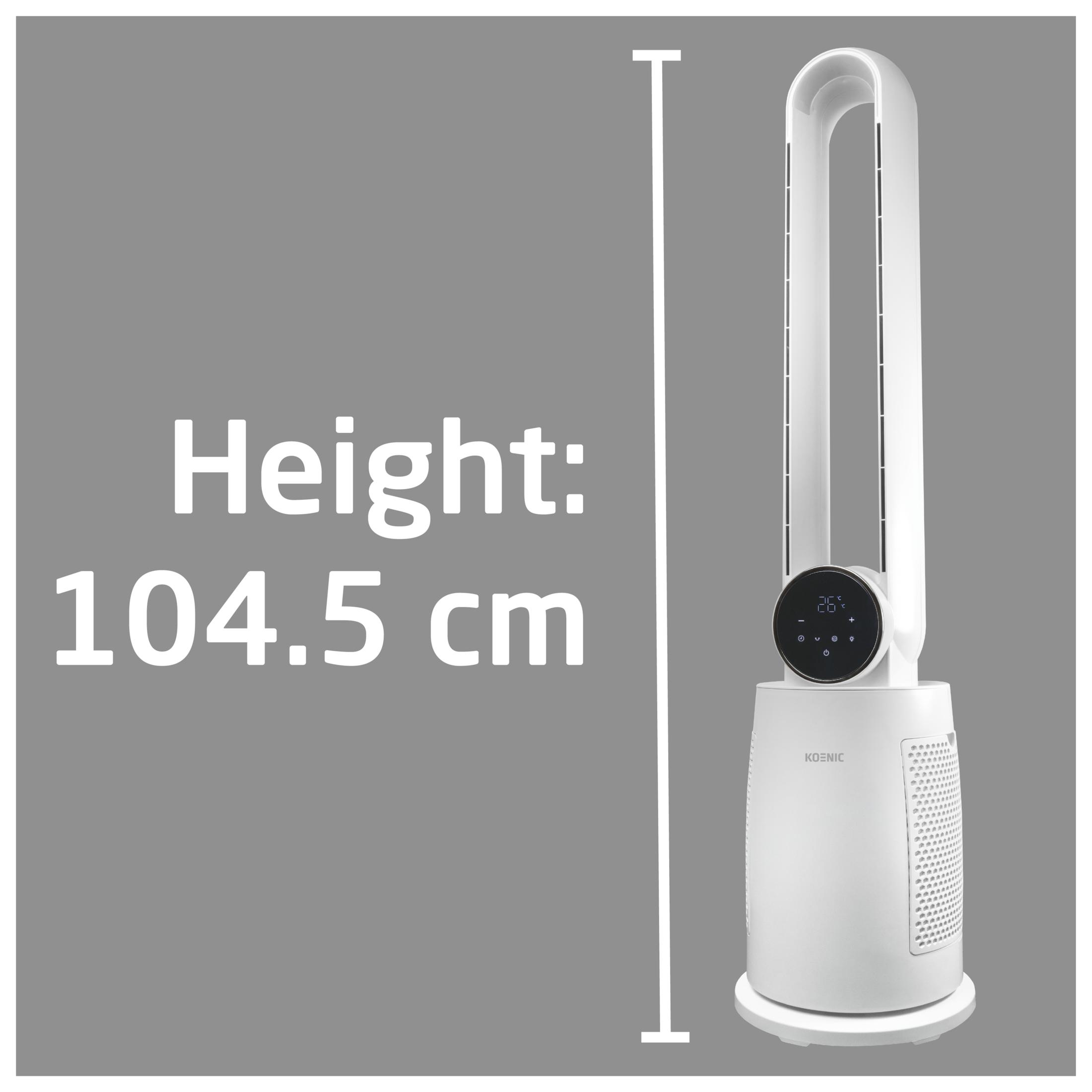 Ein weißer Turmventilator mit gewölbter Oberseite und digitaler Anzeige. Die Höhe beträgt 104,5 cm.