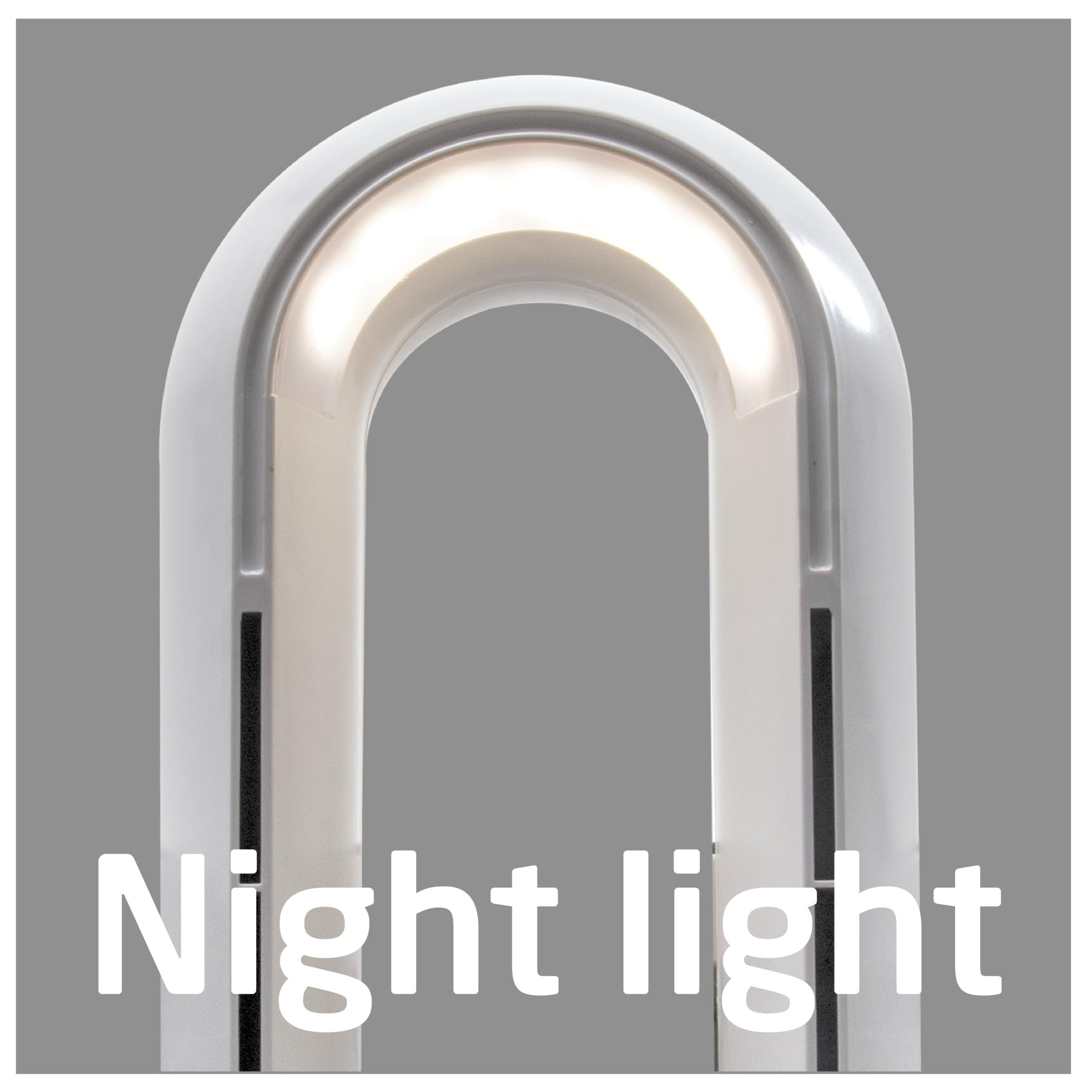 Weißes, bogenförmiges Nachtlicht mit hellem Oberteil. Text 'Night light' darunter, vor grauem Hintergrund.