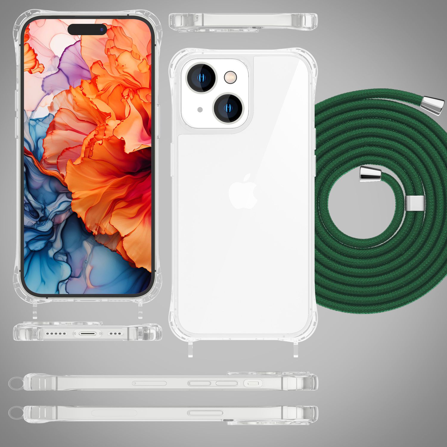 Custodia trasparente con cordino verde. Telefono all'interno con design floreale sullo schermo. Multiple viste.