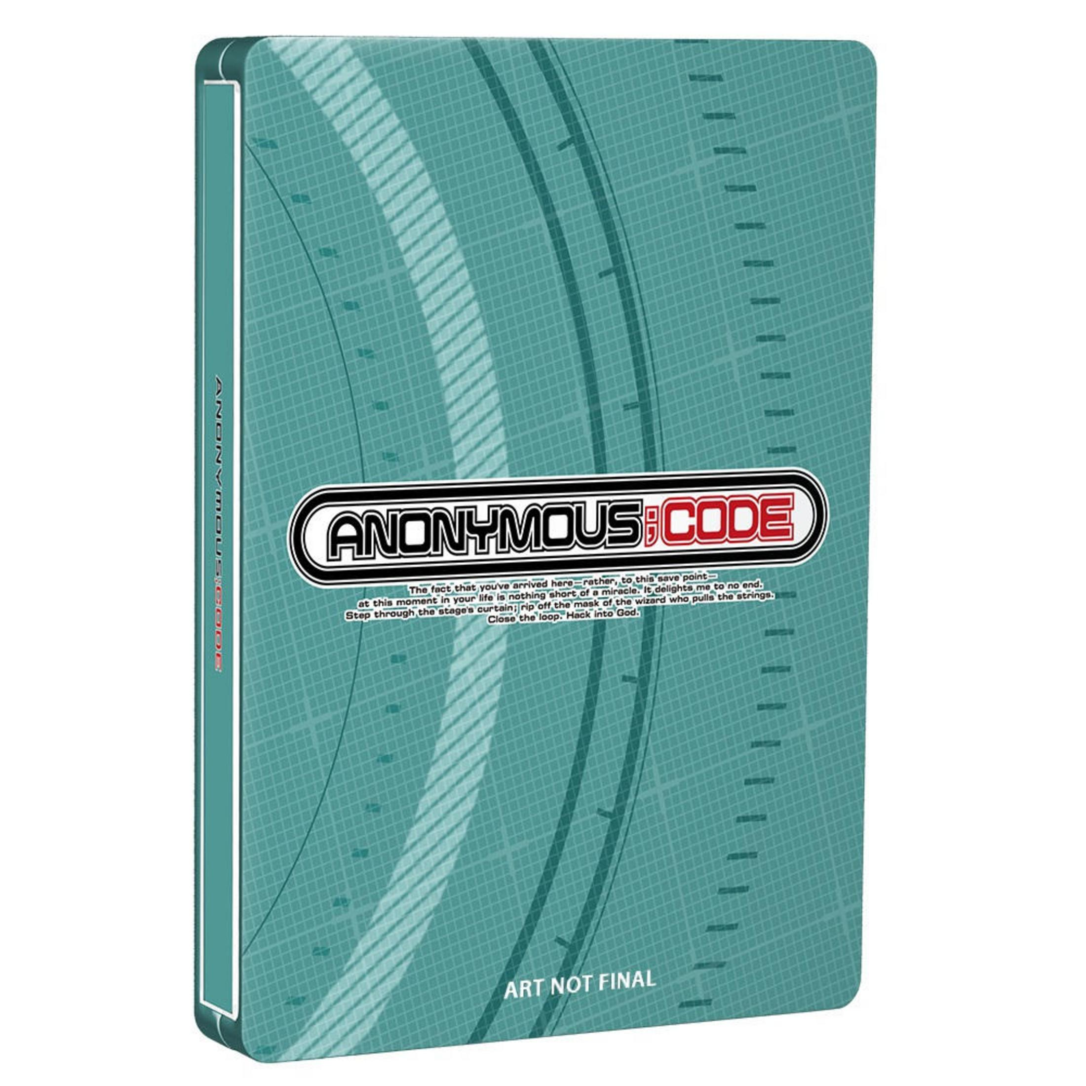 Spielhülle für Anonymous;Code. Türkisfarbener Hintergrund mit Grafikdesign und dem Spieltitel in Weiß und Rot.