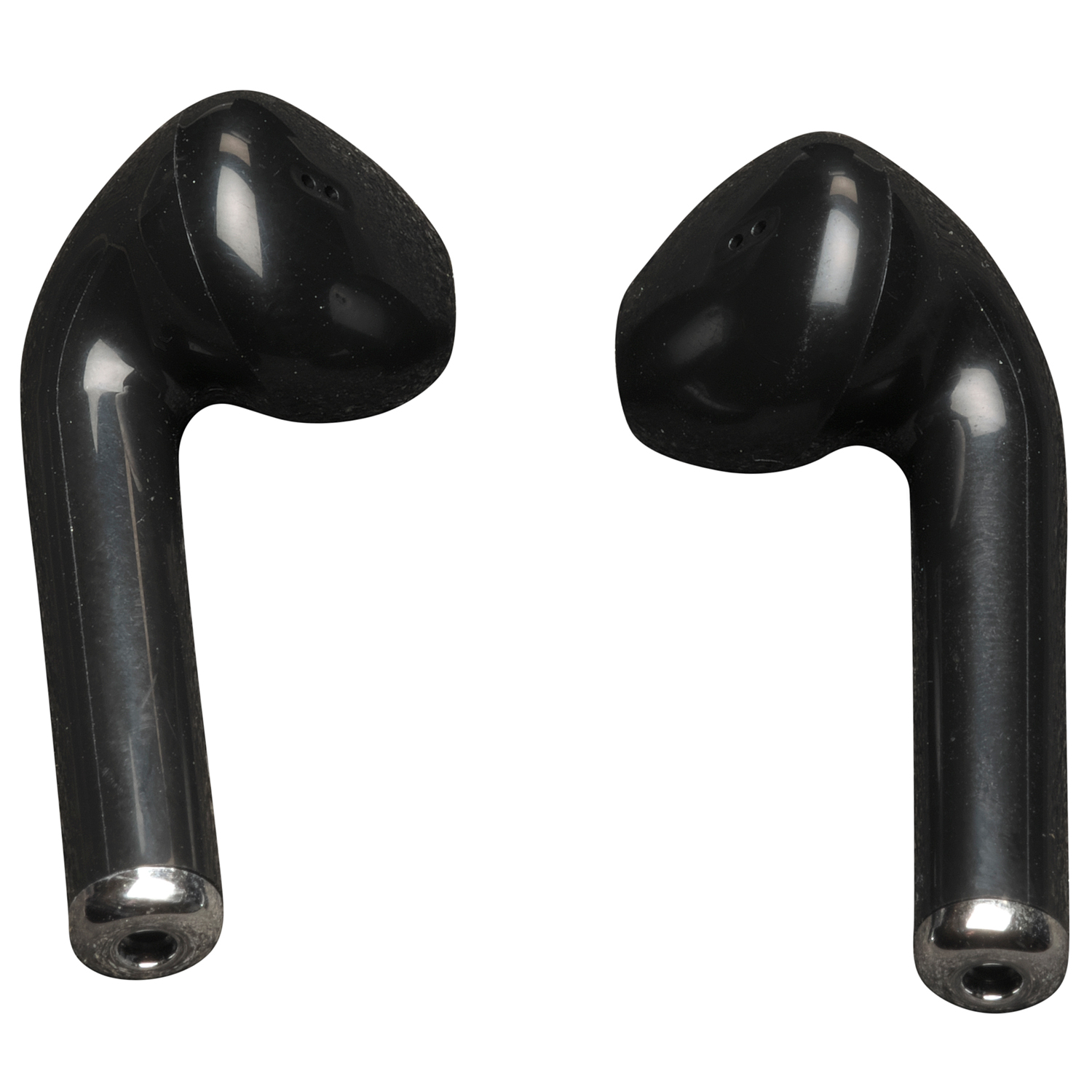 Due auricolari wireless neri su sfondo bianco.