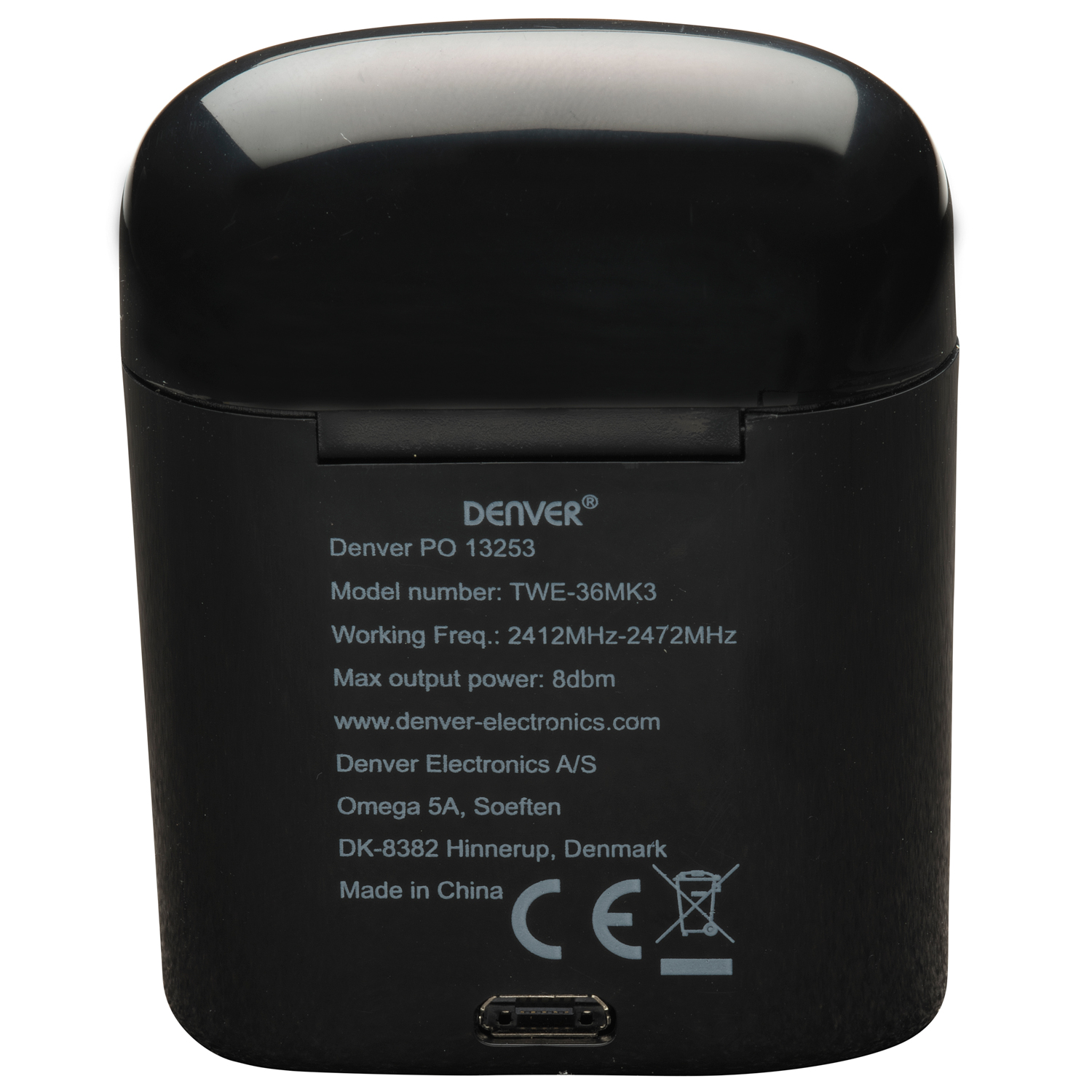 Custodia di ricarica nera con testo informativo sul prodotto. Porta USB-C visibile.