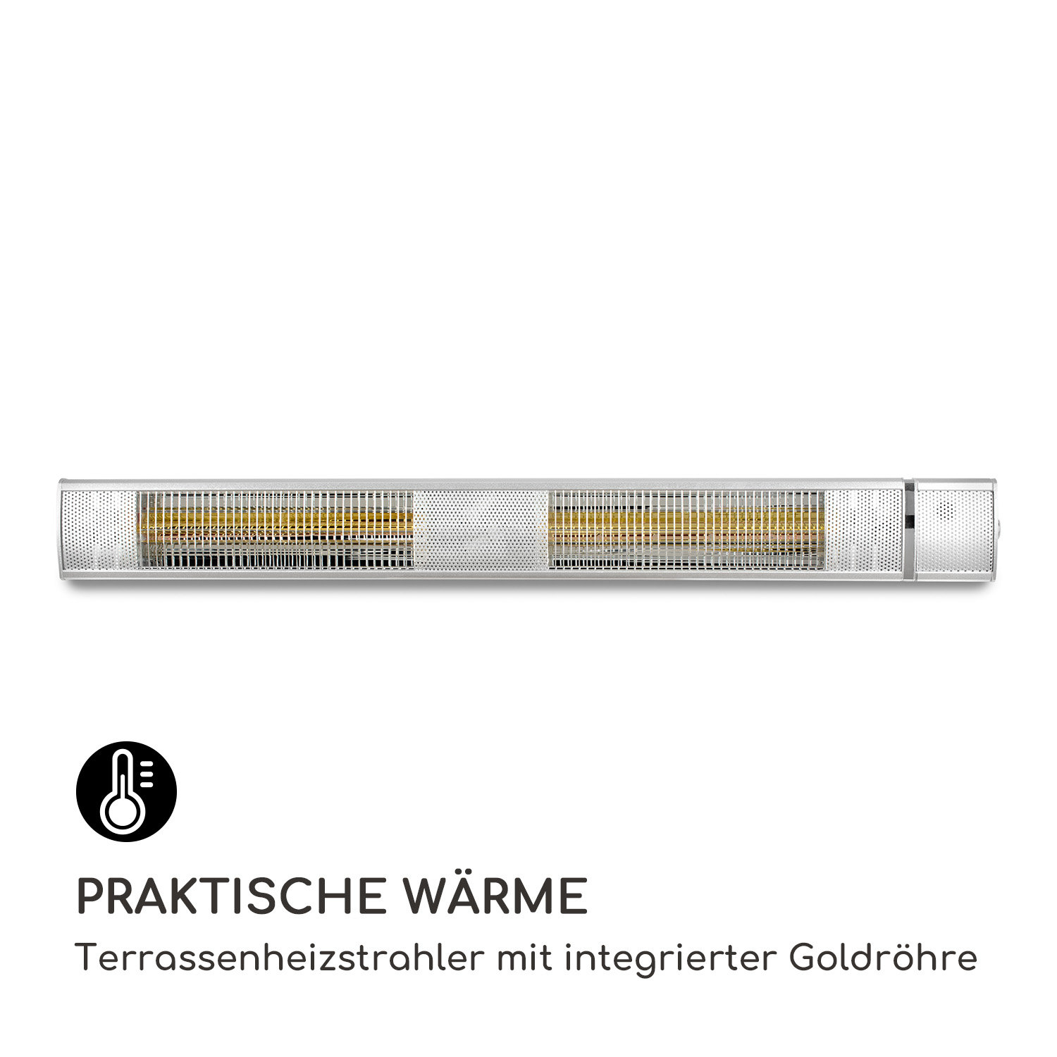 Silberner, horizontaler Heizstrahler für den Außenbereich mit zwei Elementen.