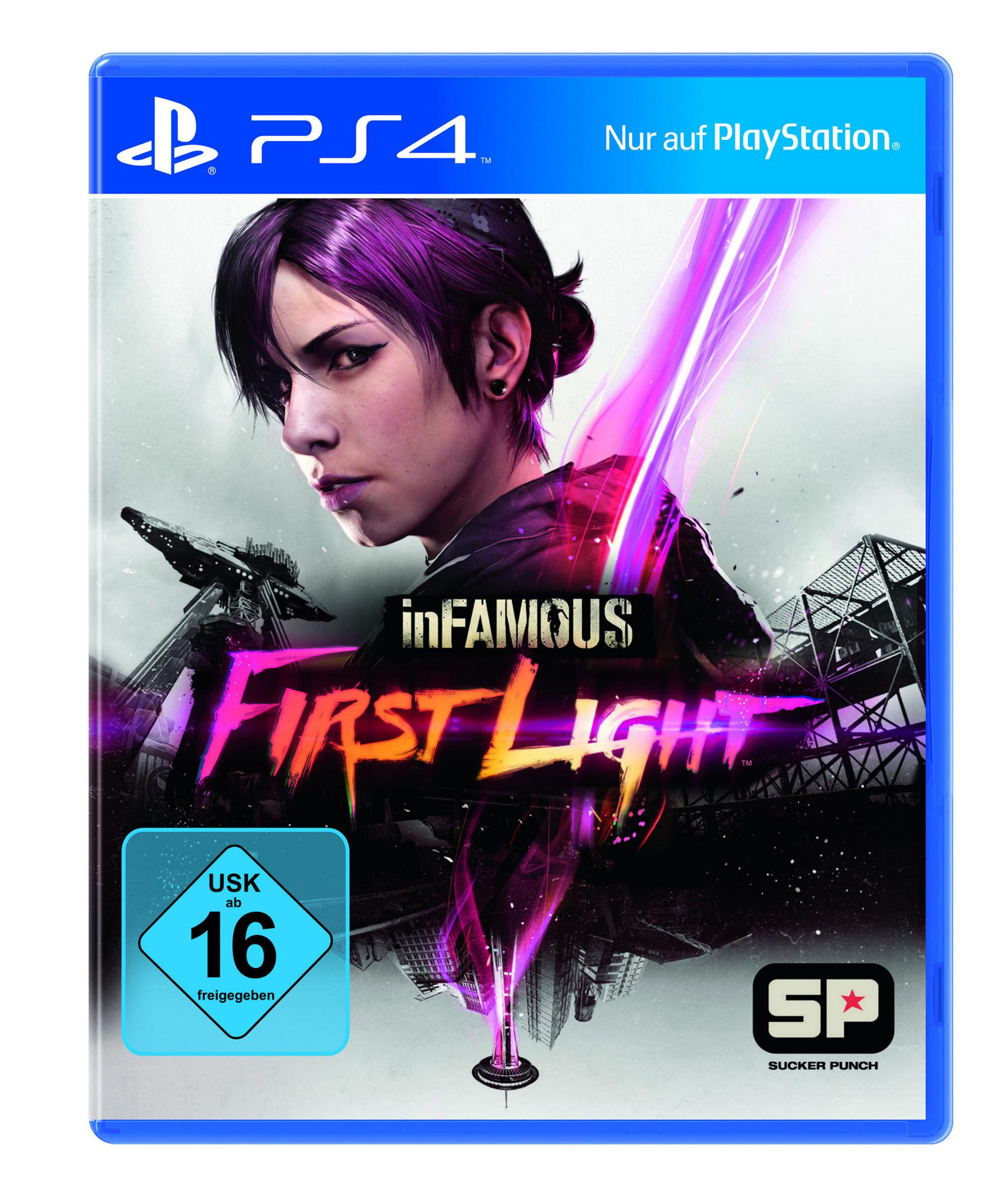 Infamous: First Light PS4-Spielcover. Zeigt eine Frau mit lila Haaren und einen Stadtlandschafts-Hintergrund.