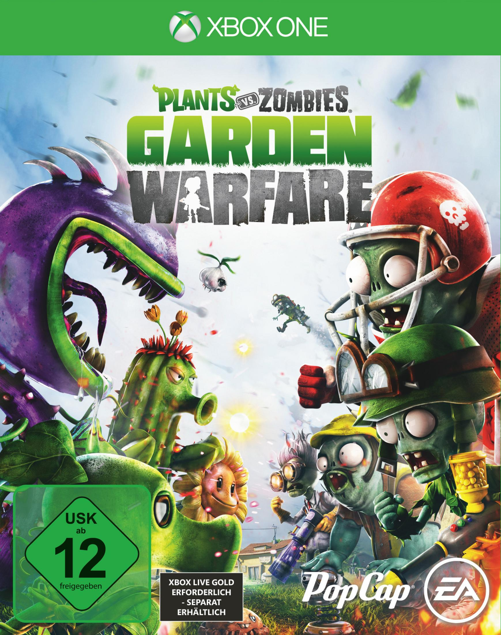 Spielcover von Plants vs. Zombies: Garden Warfare für Xbox One. Zeigt Cartoon-Zombies und Pflanzen in Aktion.