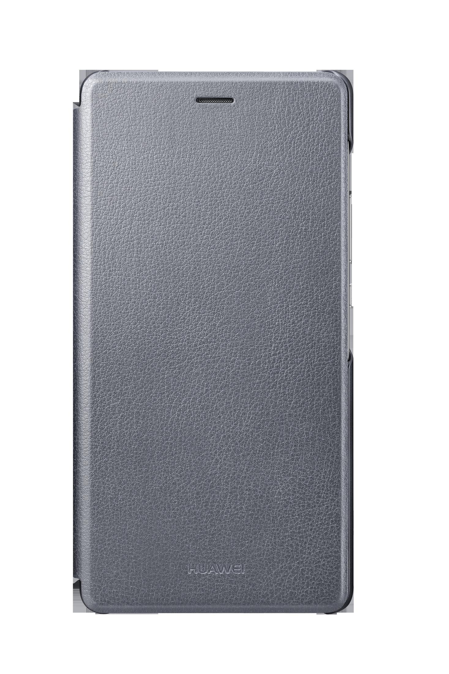 Geschlossene graue Handyhülle mit Huawei-Logo unten.