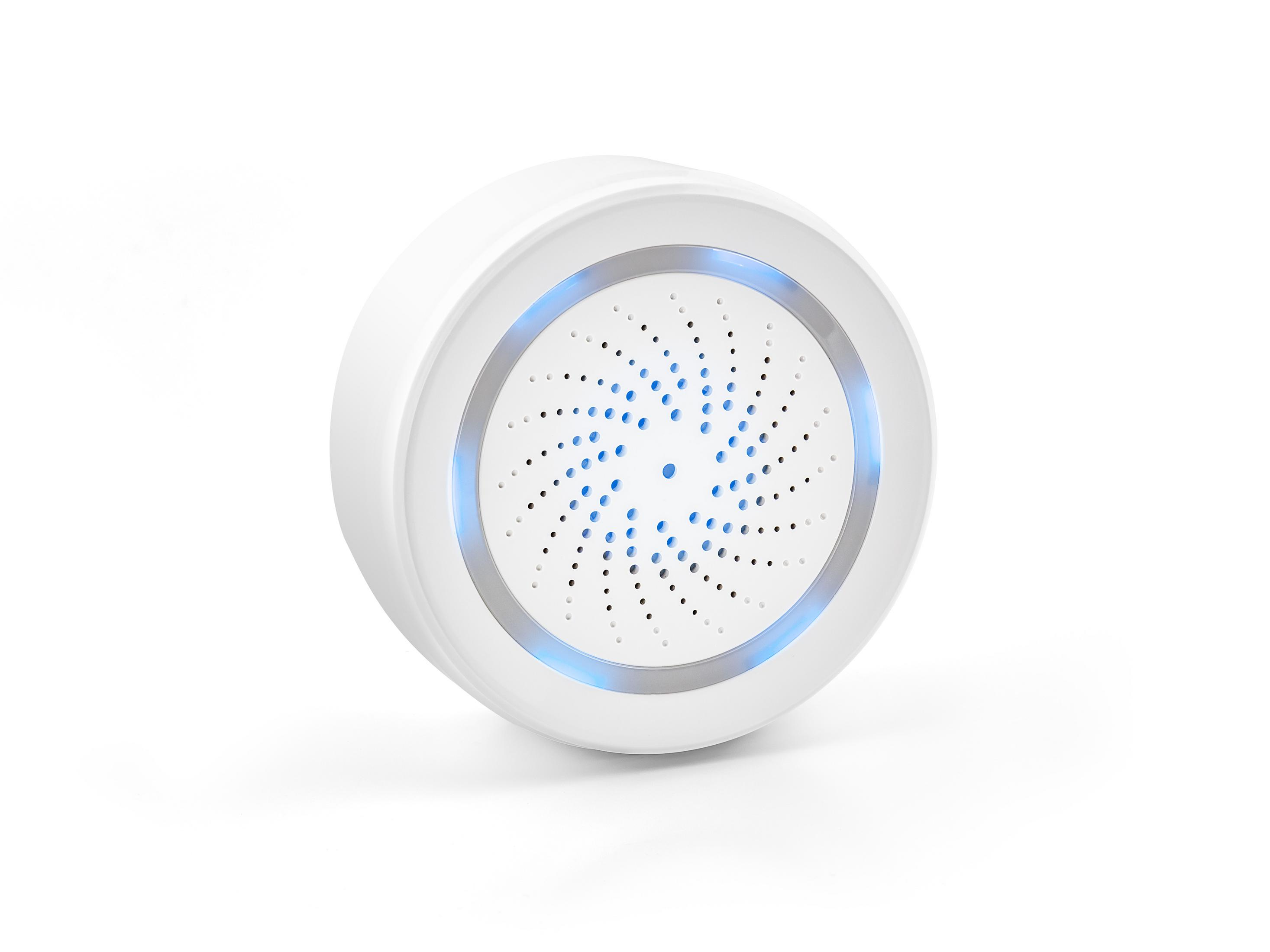 Ein weißes Smart-Home-Gerät mit blauen Lichtern.