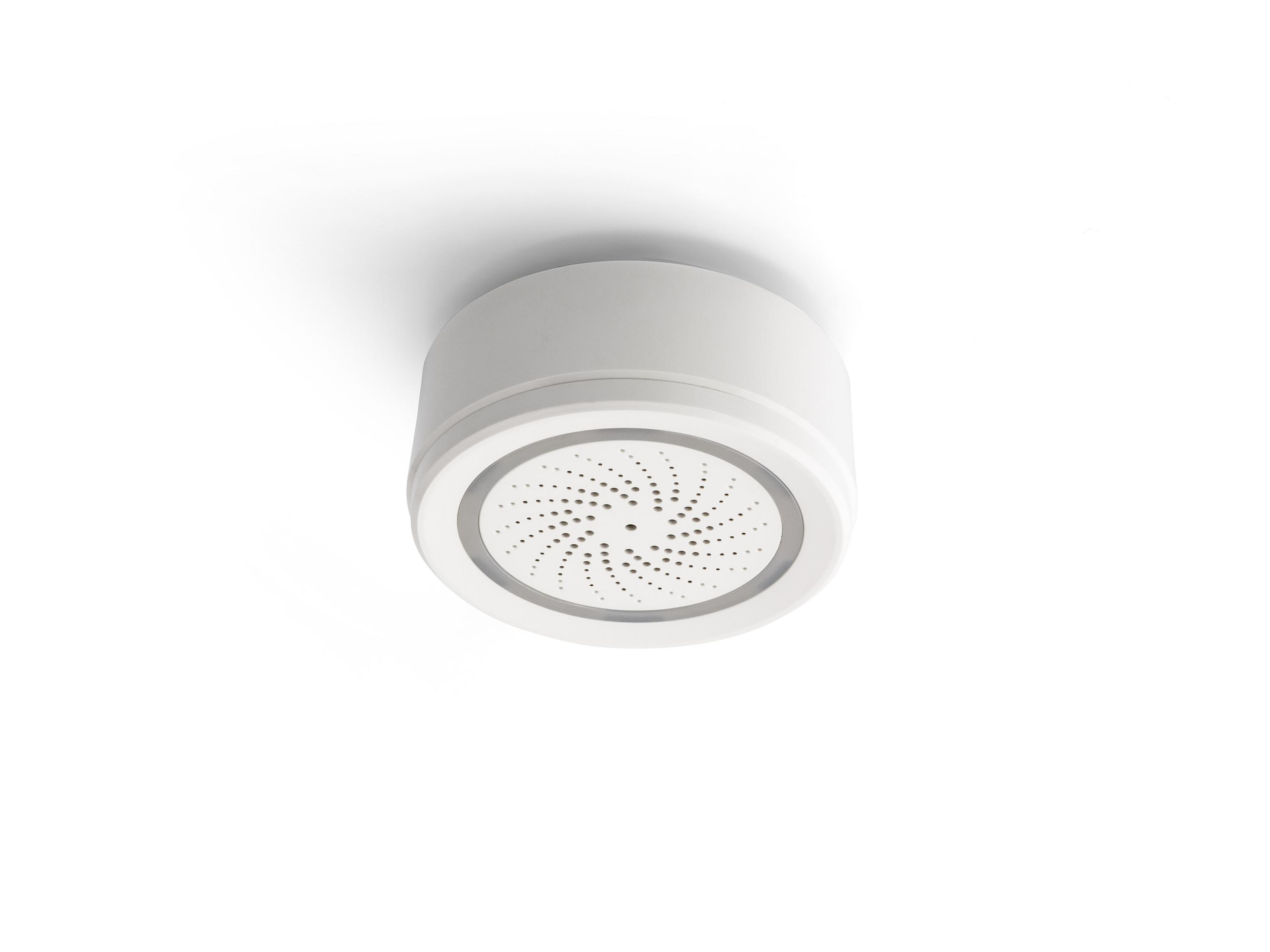 Weißer, runder, an der Decke montierter Rauchmelder mit perforiertem Zentrum und silbernem Ring.