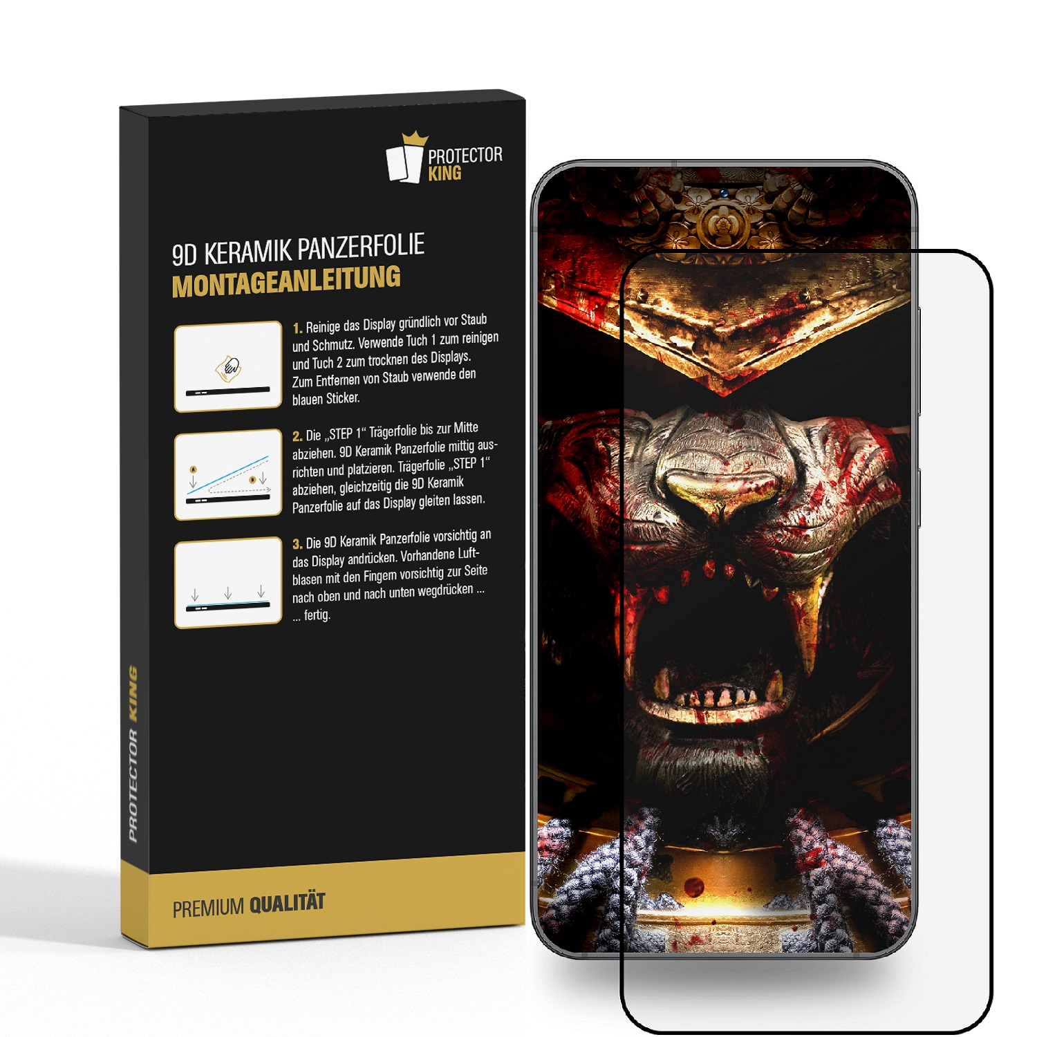 Box mit Displayschutz und Telefon, mit Anweisungen. Telefon zeigt Monstergesicht.