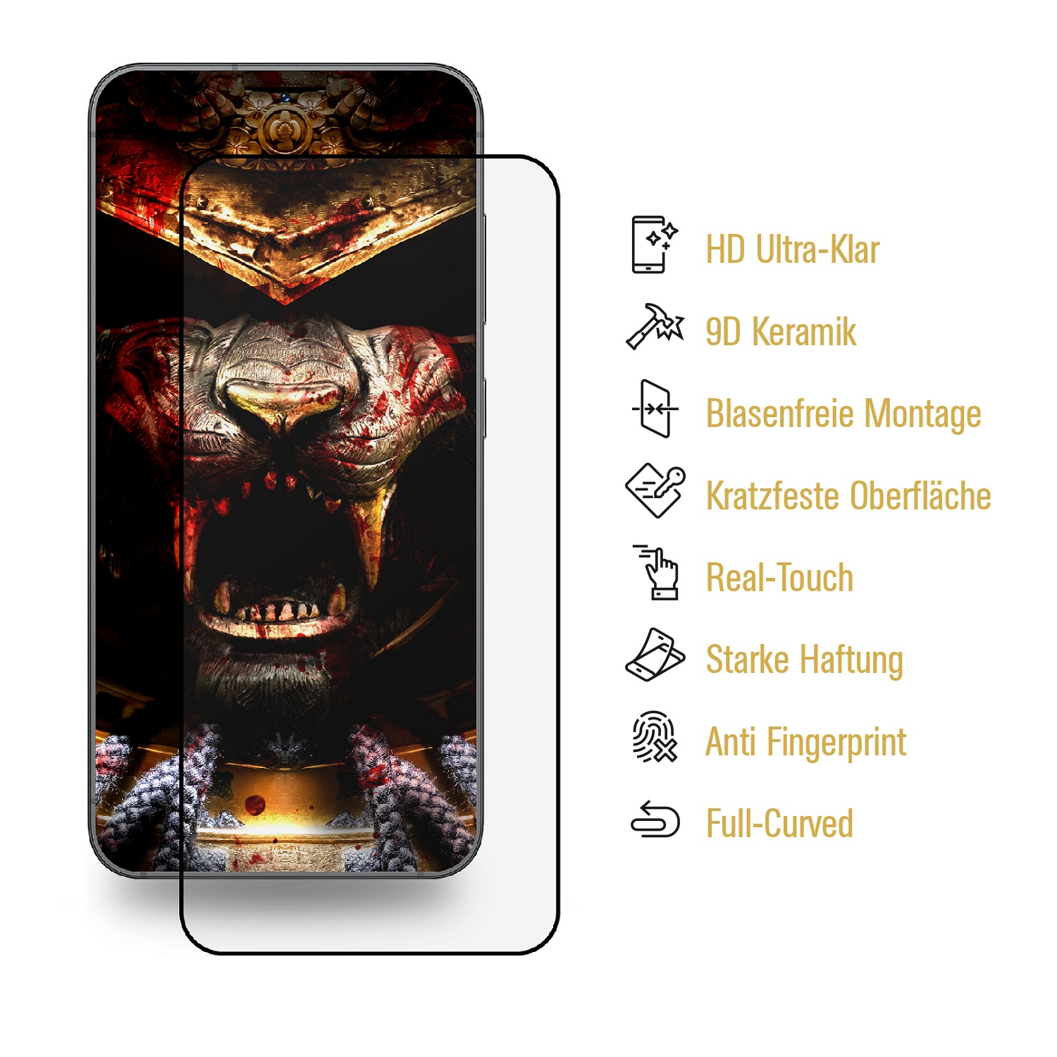 Ein Telefon mit Displayschutz, der einen brüllenden Tiger zeigt. Merkmale sind HD, 9D-Keramik und Anti-Fingerabdruck.