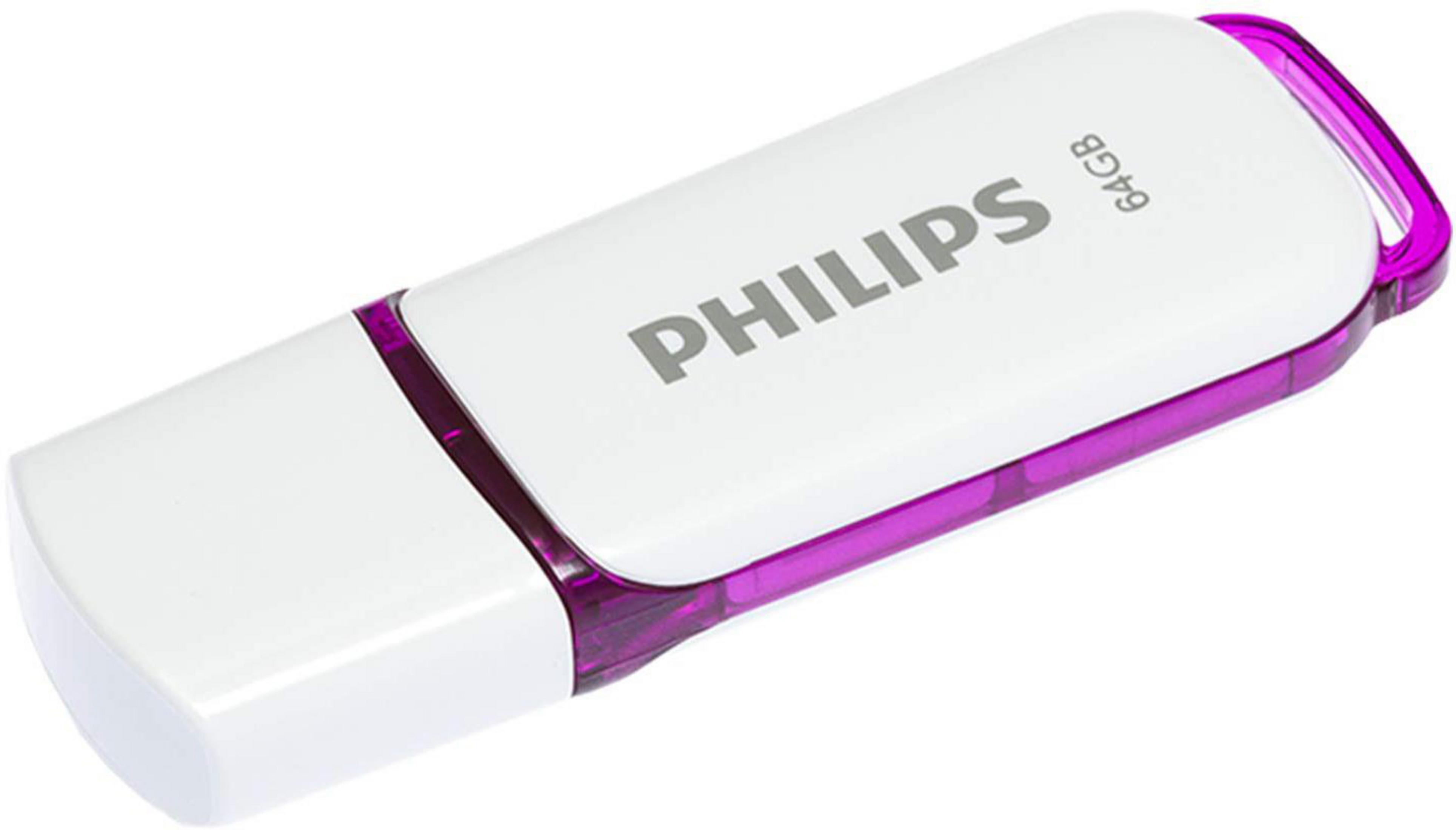 Ein weißer Philips USB-Flash-Laufwerk mit rosa Akzent und den Worten 'PHILIPS' und '64GB'.