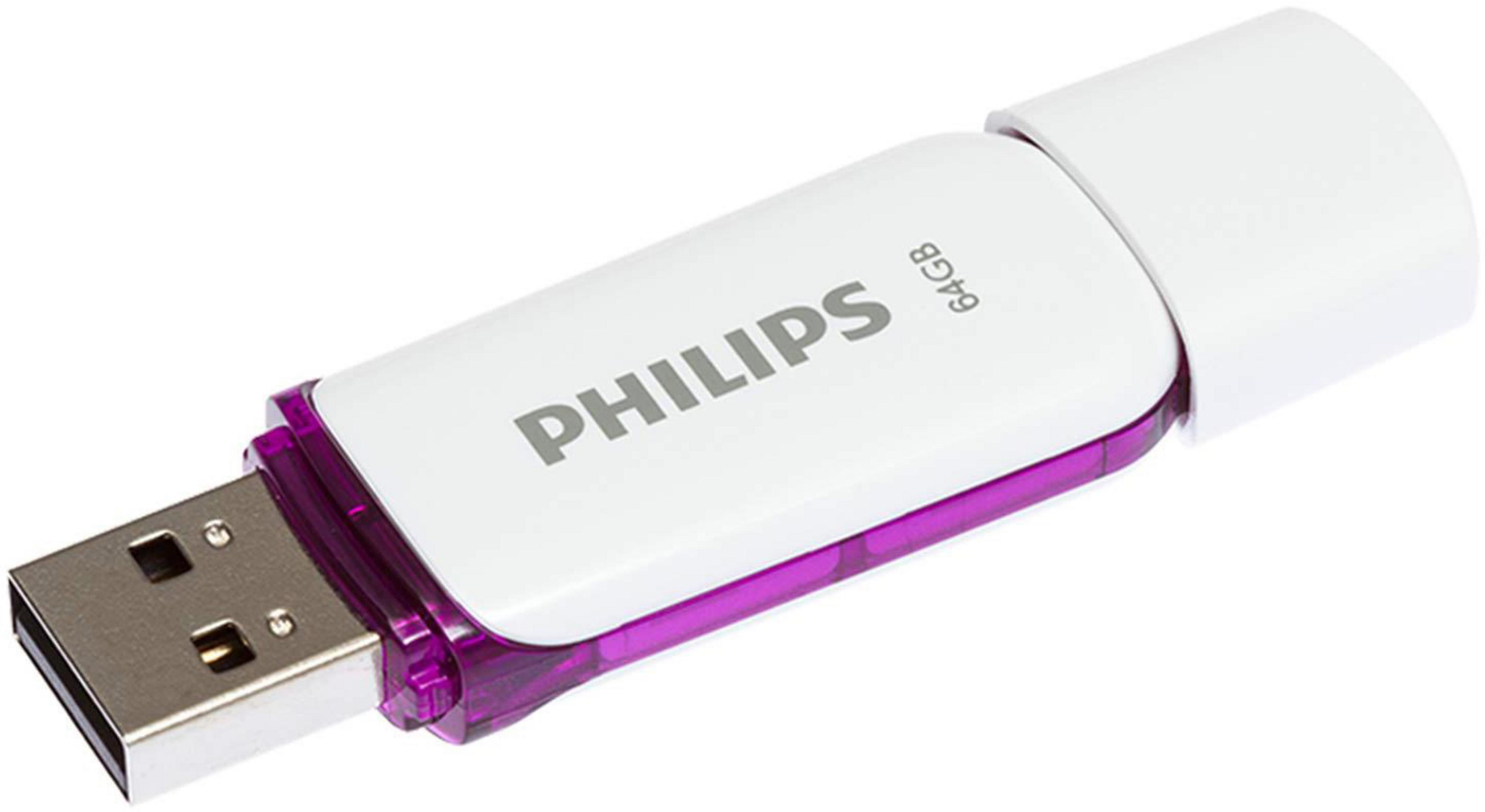 Weiß-lila USB-Stick, schräge Ansicht, zeigt das Philips-Logo und die Kapazität.