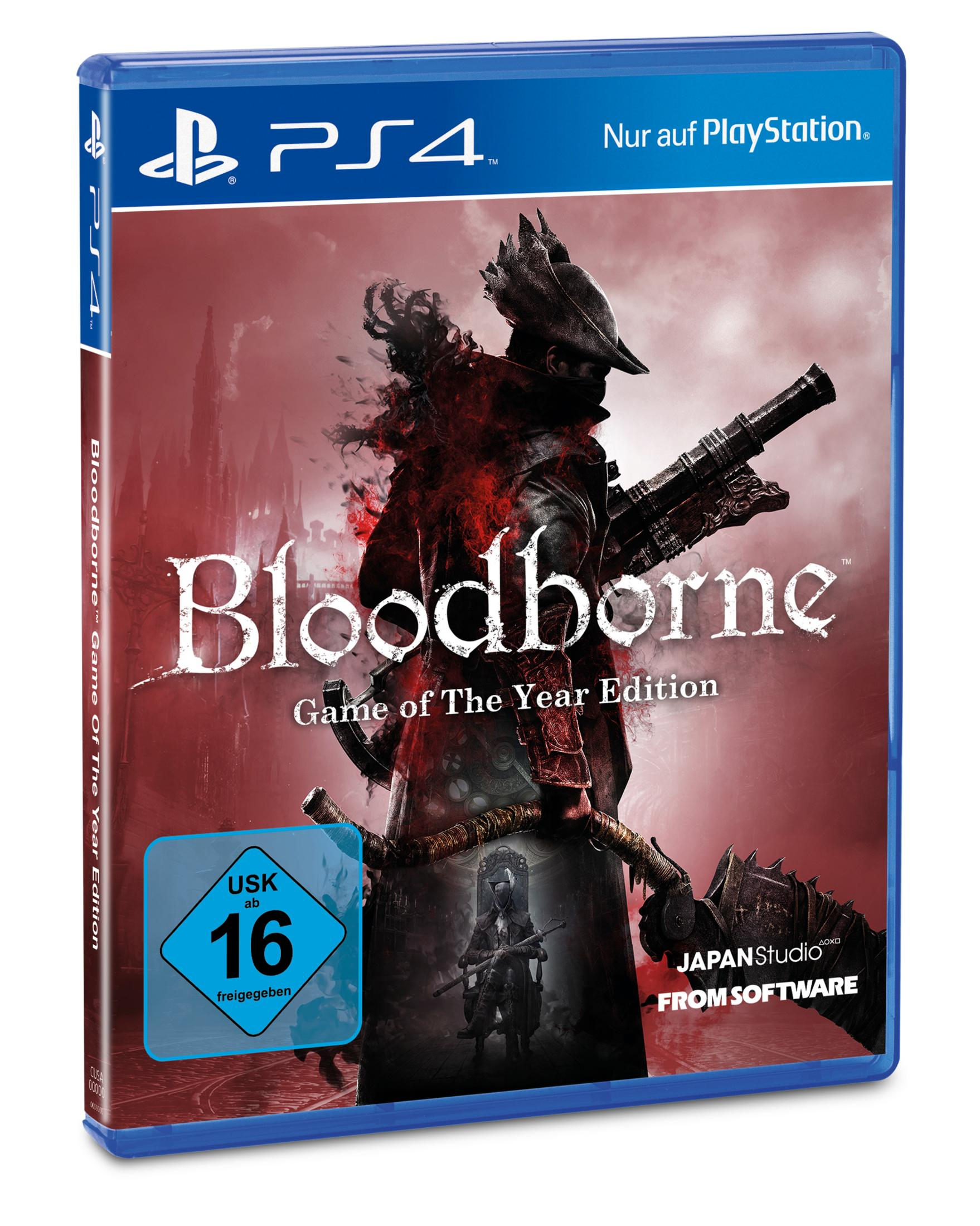 Bloodborne-Spielcover auf einer PS4-Hülle. Figur hält eine Waffe und ein USK 16-Rating-Abzeichen.