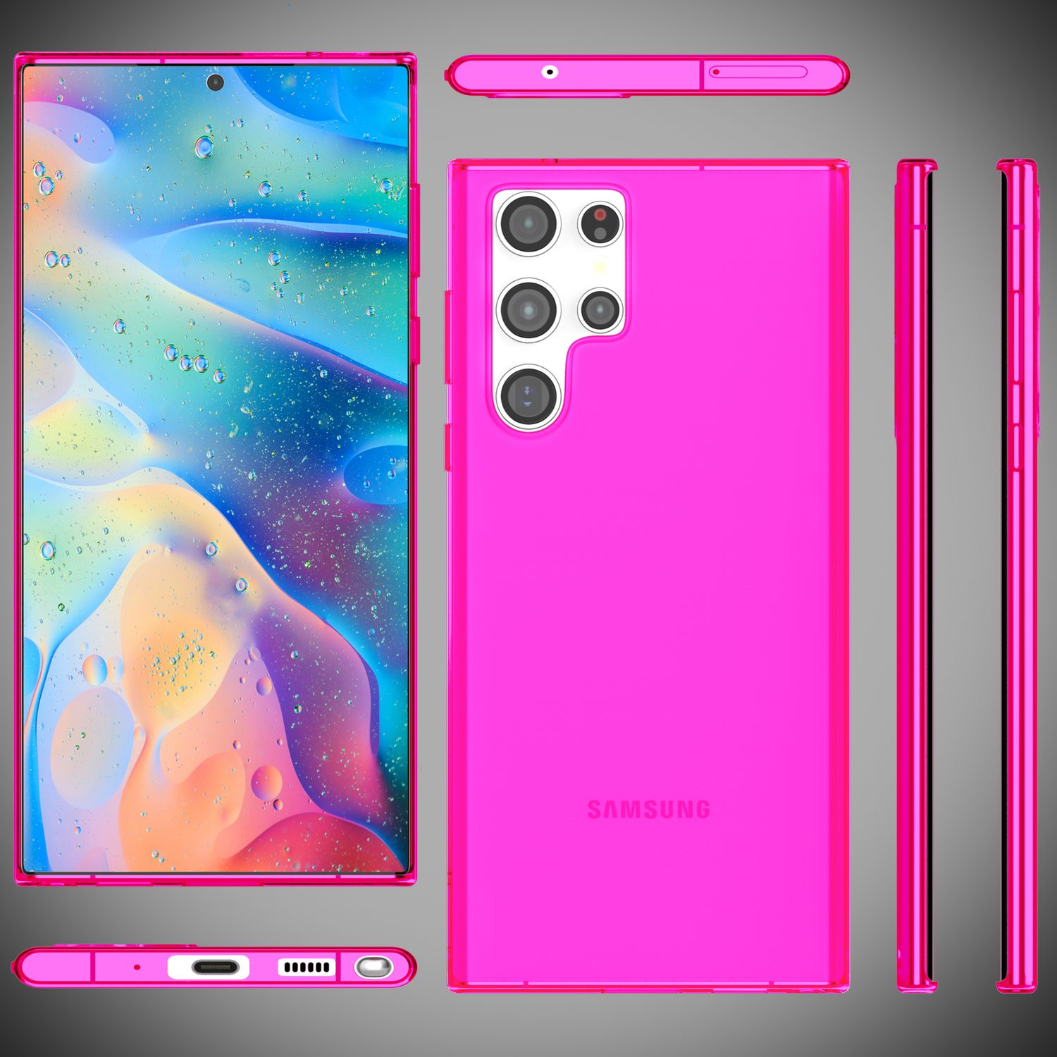 Custodia per telefono rosa con retro trasparente e disposizione della fotocamera. Diverse viste che mostrano tutte le angolazioni.