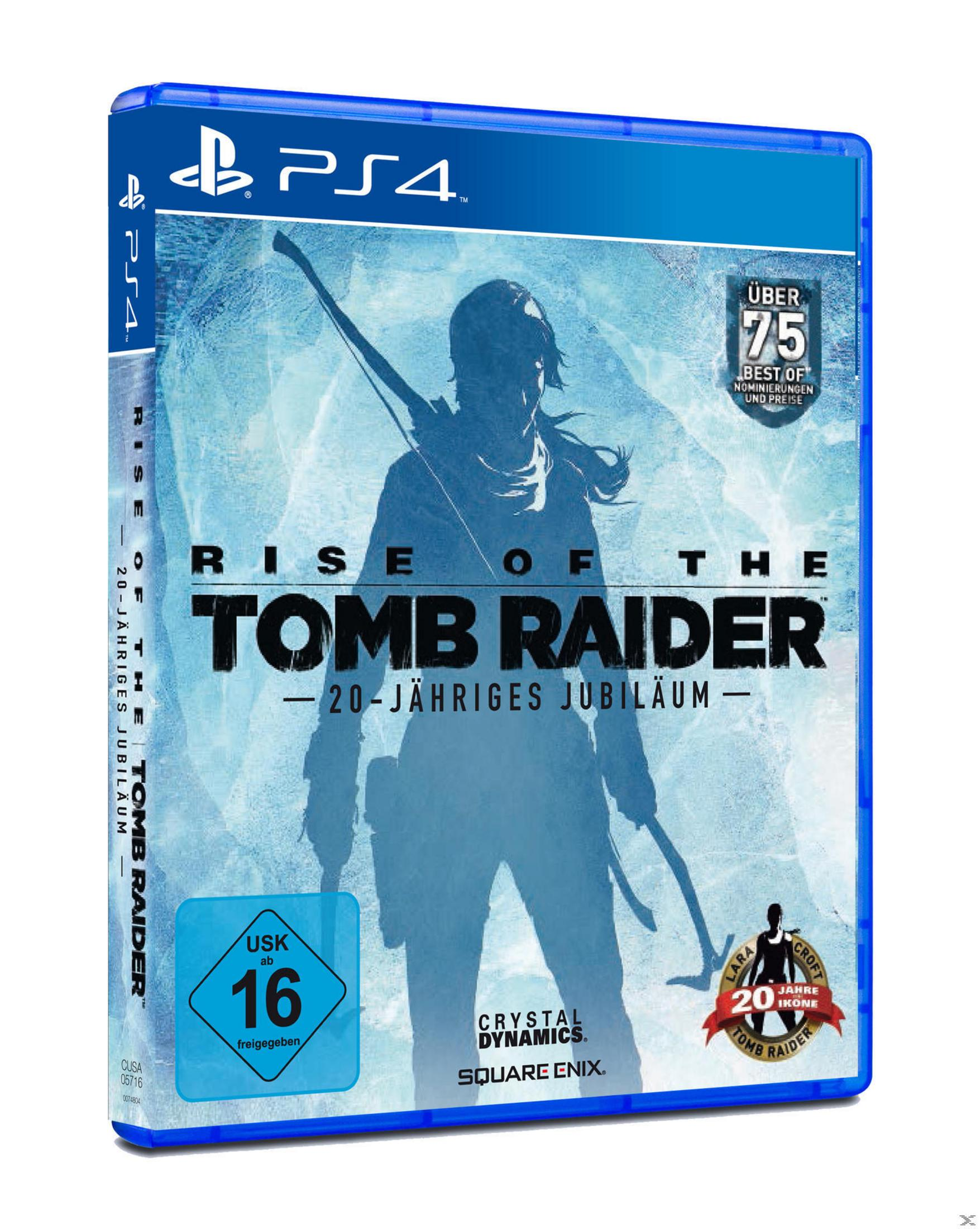 Rise of the Tomb Raider-Spielbox. Blau und weiß mit einer Spielfigur darauf.