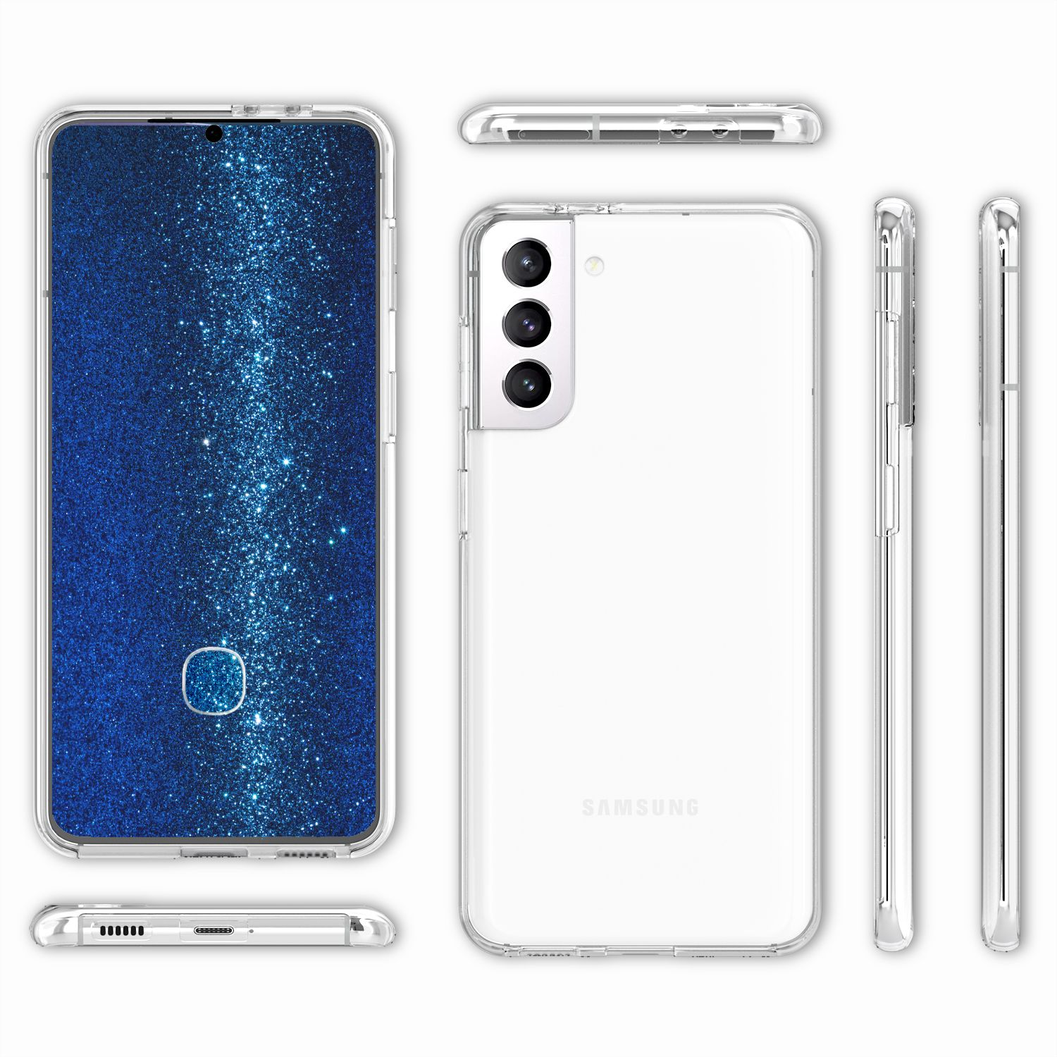 Telefon mit klarer Hülle. Zeigt verschiedene Winkel. Text: Präzise Ausschnitte, Kameraschutz.