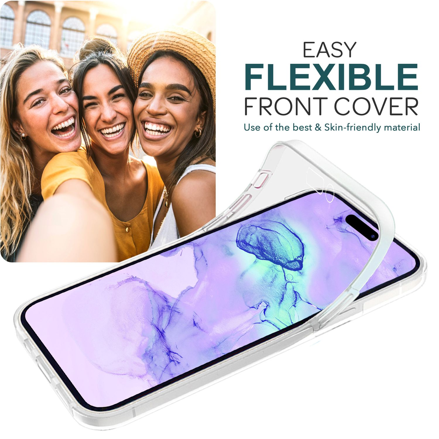 Drei Frauen lächeln, halten ein Telefon mit klarer Hülle. Text: Einfache, flexible Frontabdeckung.