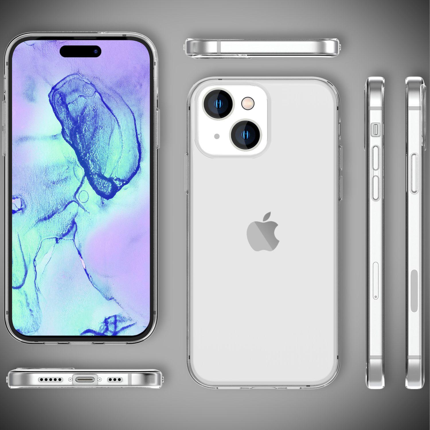 iPhone mit transparenter Hülle aus verschiedenen Blickwinkeln gezeigt. Zeigt den Bildschirm und die Rückseite mit Apple-Logo.