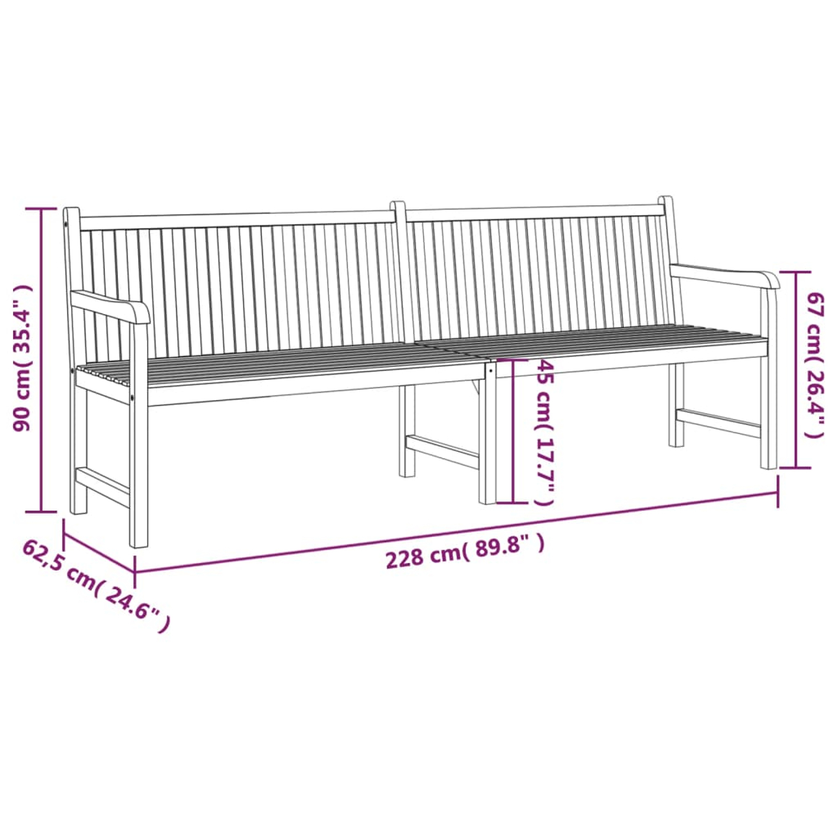 Diagramm einer Holzbank mit Abmessungen in Zentimetern. Enthält Maße für Höhe, Breite und Tiefe.