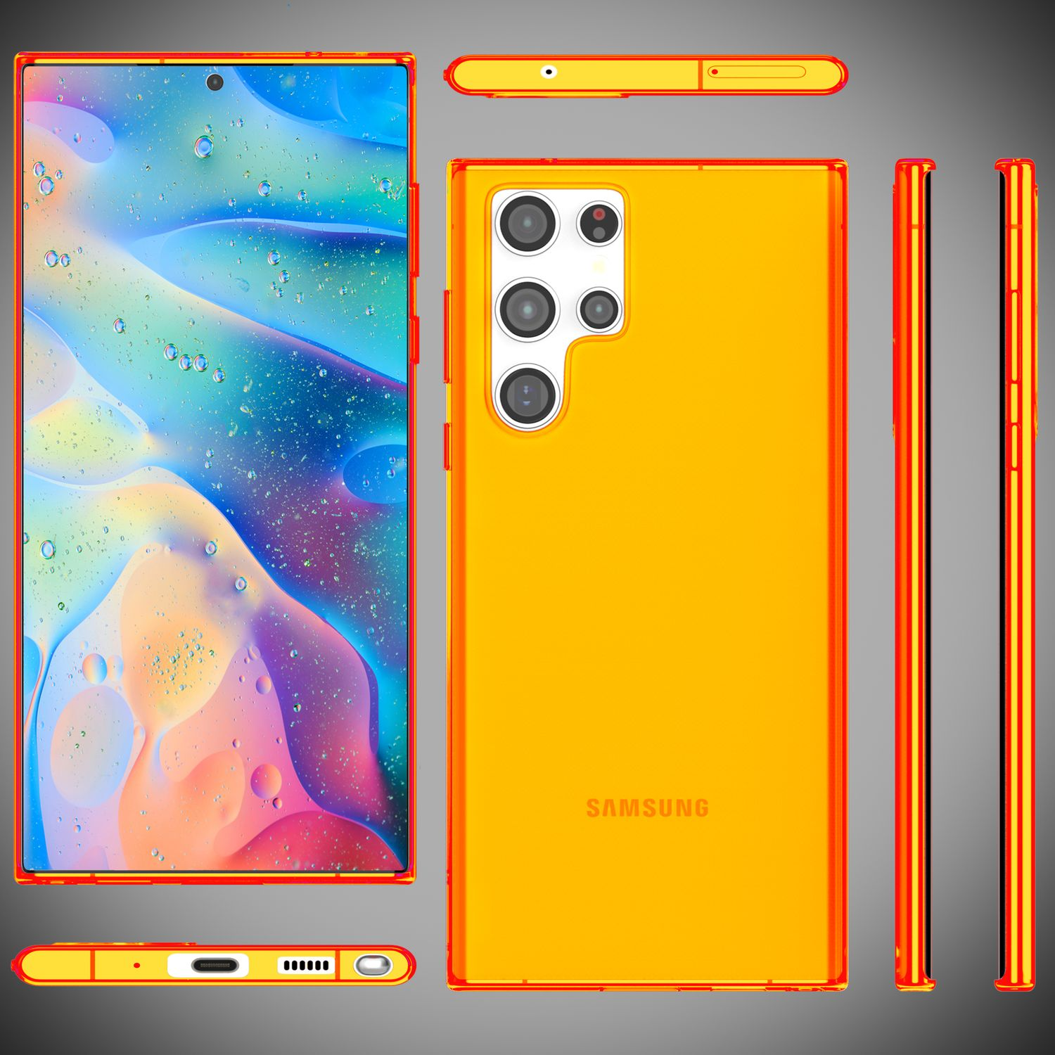Un telefono giallo, delineato in rosso, viene mostrato da più angolazioni, evidenziando il suo design.