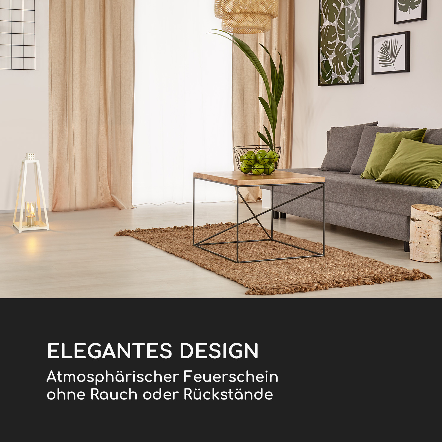 Innenszene mit modernem Design. Eine weiße Laterne mit Flamme links. Ein Tisch mit Dekorationen.