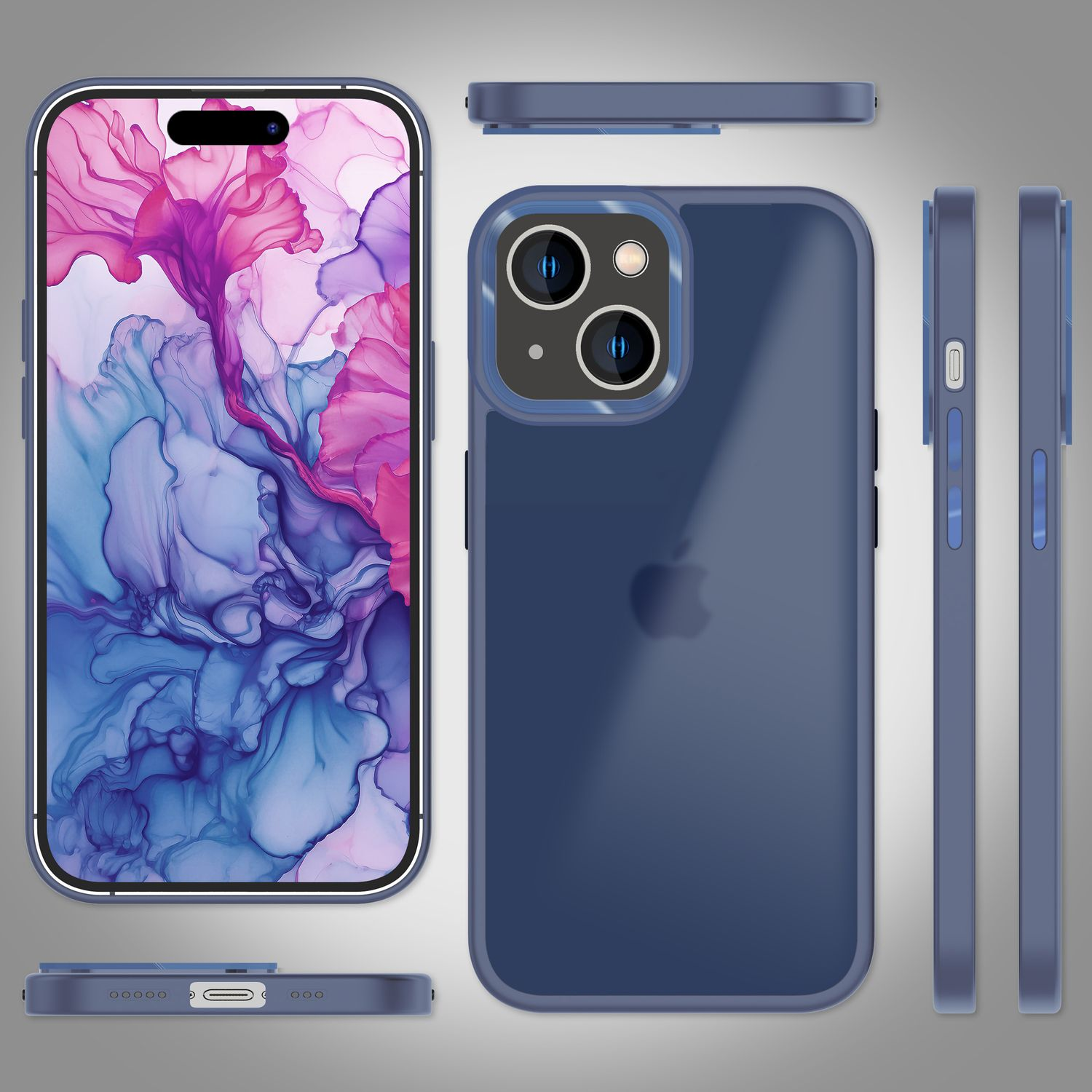 Blaues Telefon mit Hülle. Mehrere Ansichten eines Smartphones, vorne, hinten und seitlich.