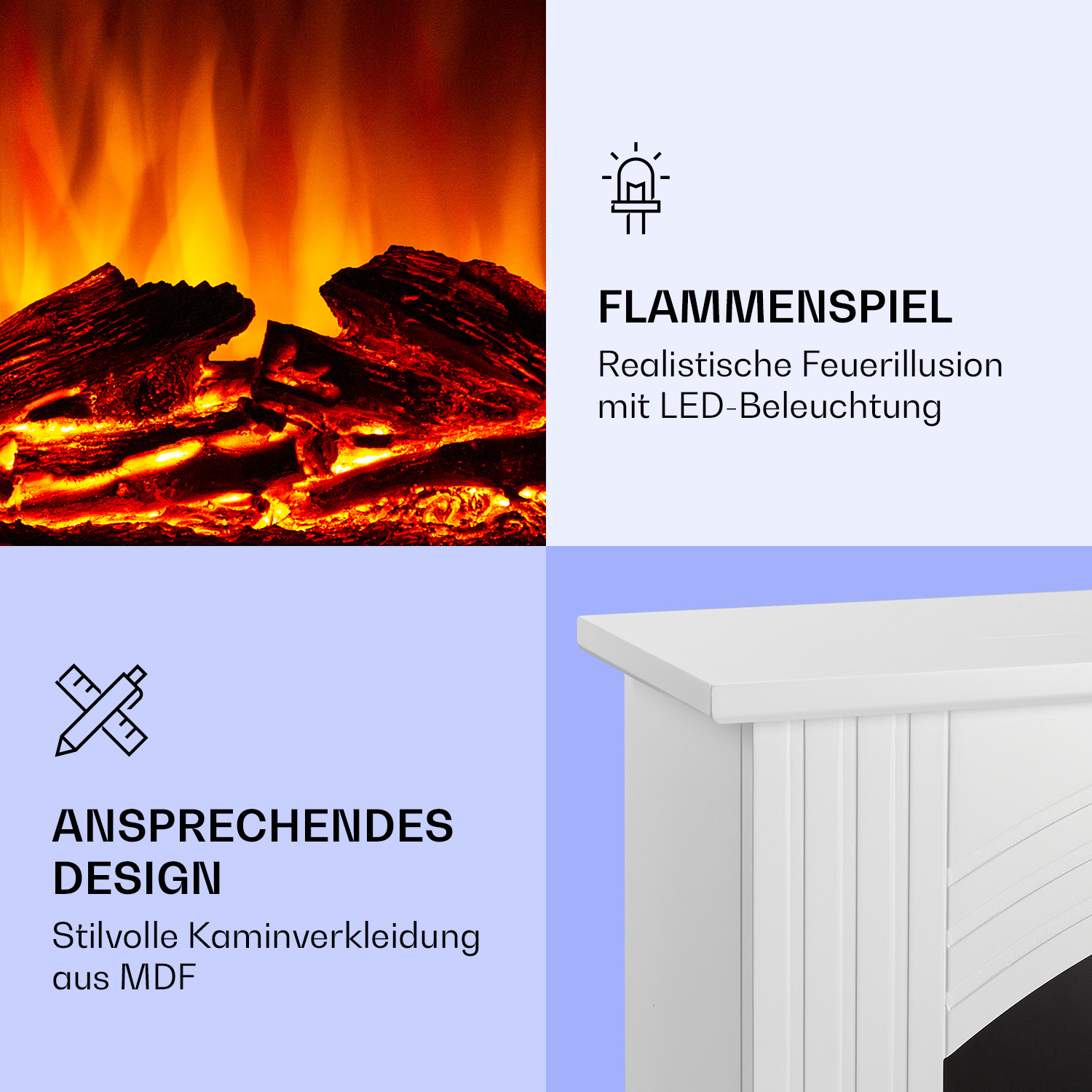 Immagine con testo che descrive un caminetto. Mostra fiamme e dettagli del caminetto bianco.