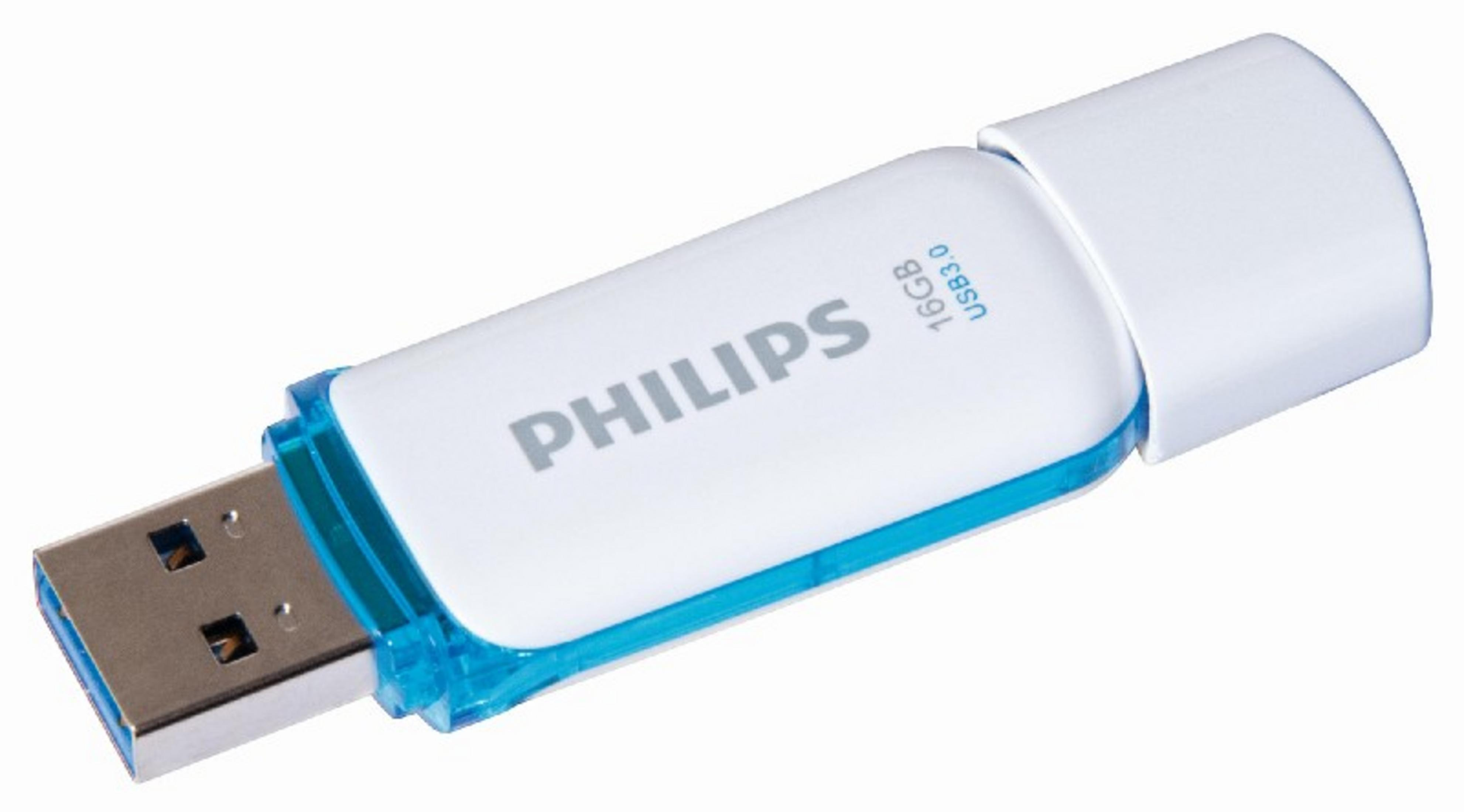 Ein weiß-blauer Philips USB-Stick, mit dem Philips-Logo sichtbar.