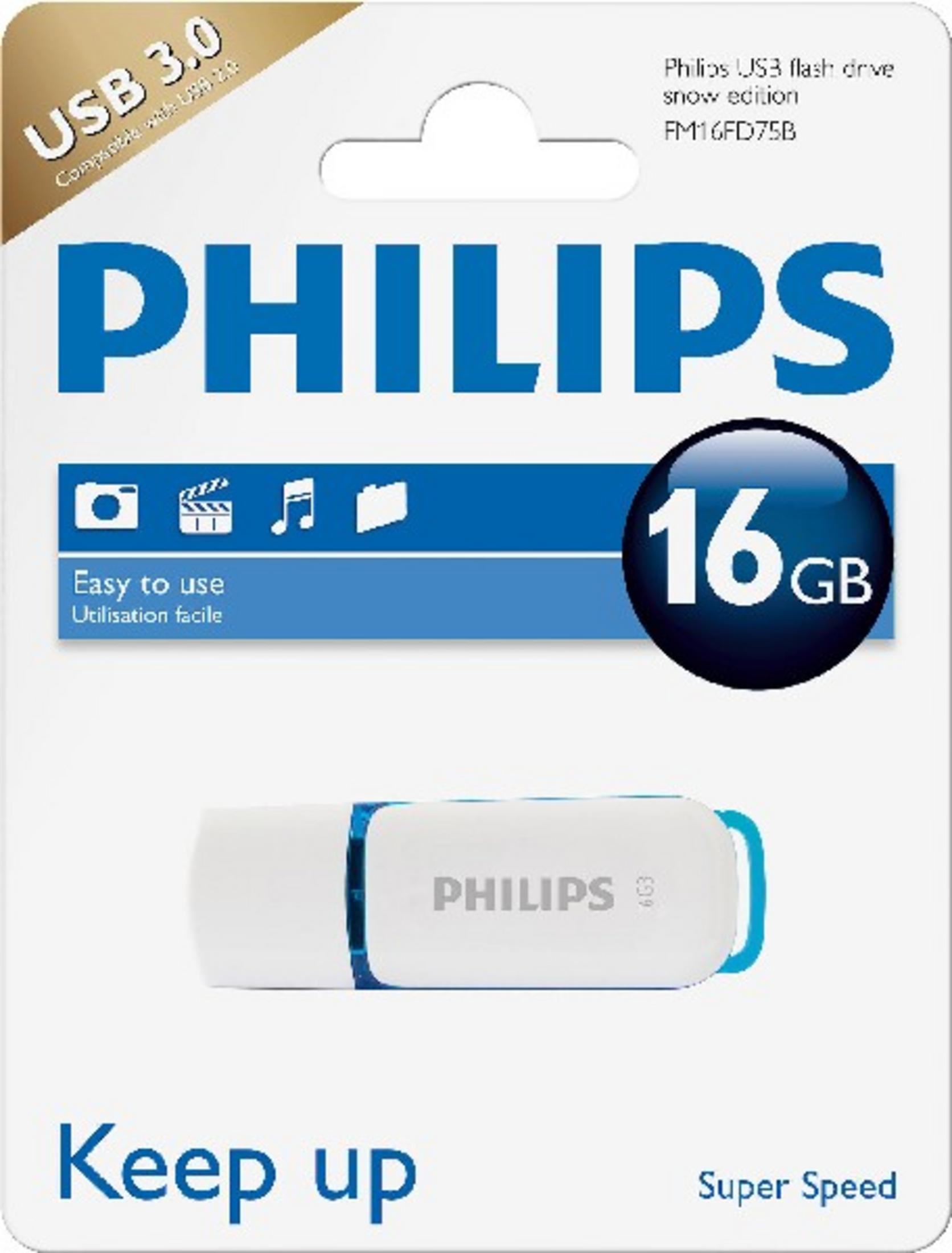 Weißer und blauer USB-Stick in seiner Verpackung. Text auf der Verpackung.