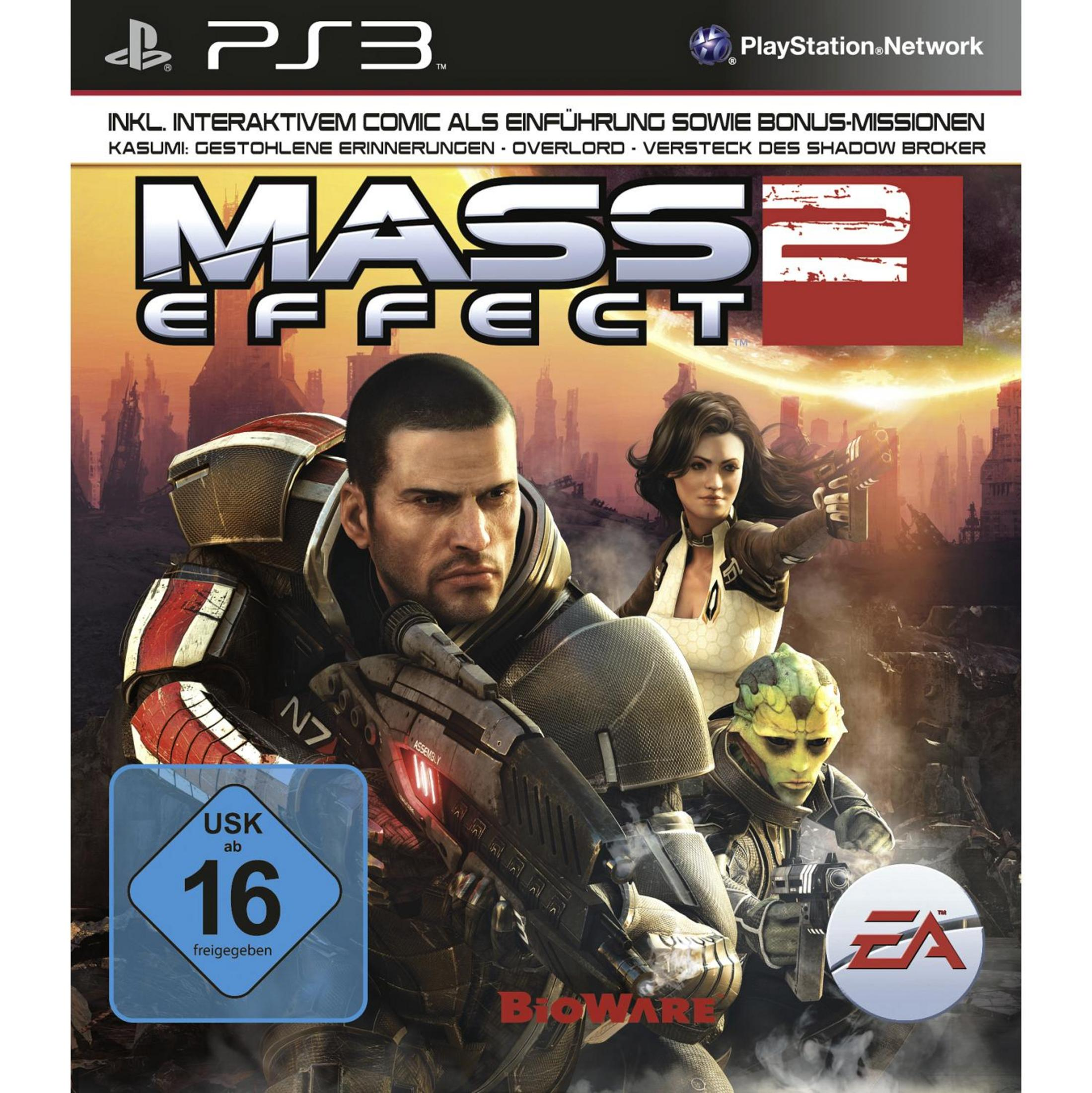 Mass Effect 2-Spielcover mit drei Charakteren in einem blau-orangenen Farbschema.