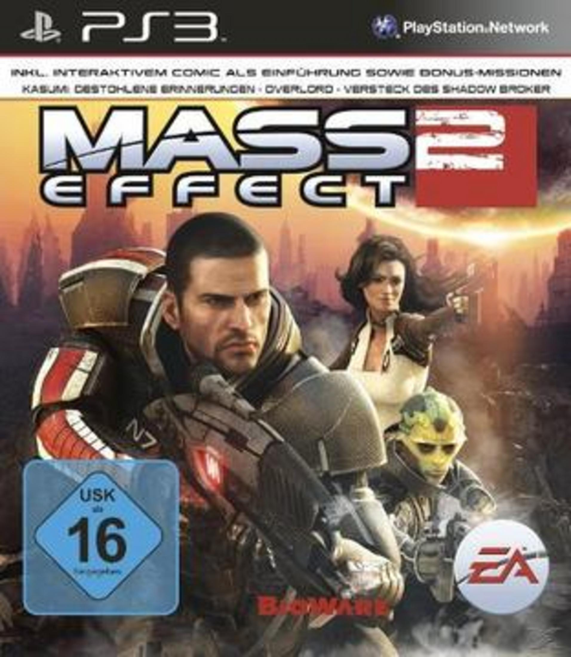 Mass Effect 2-Spielcover. Charaktere in Rüstung und eine Frau mit Waffe. Hintergrund zeigt eine Stadt.