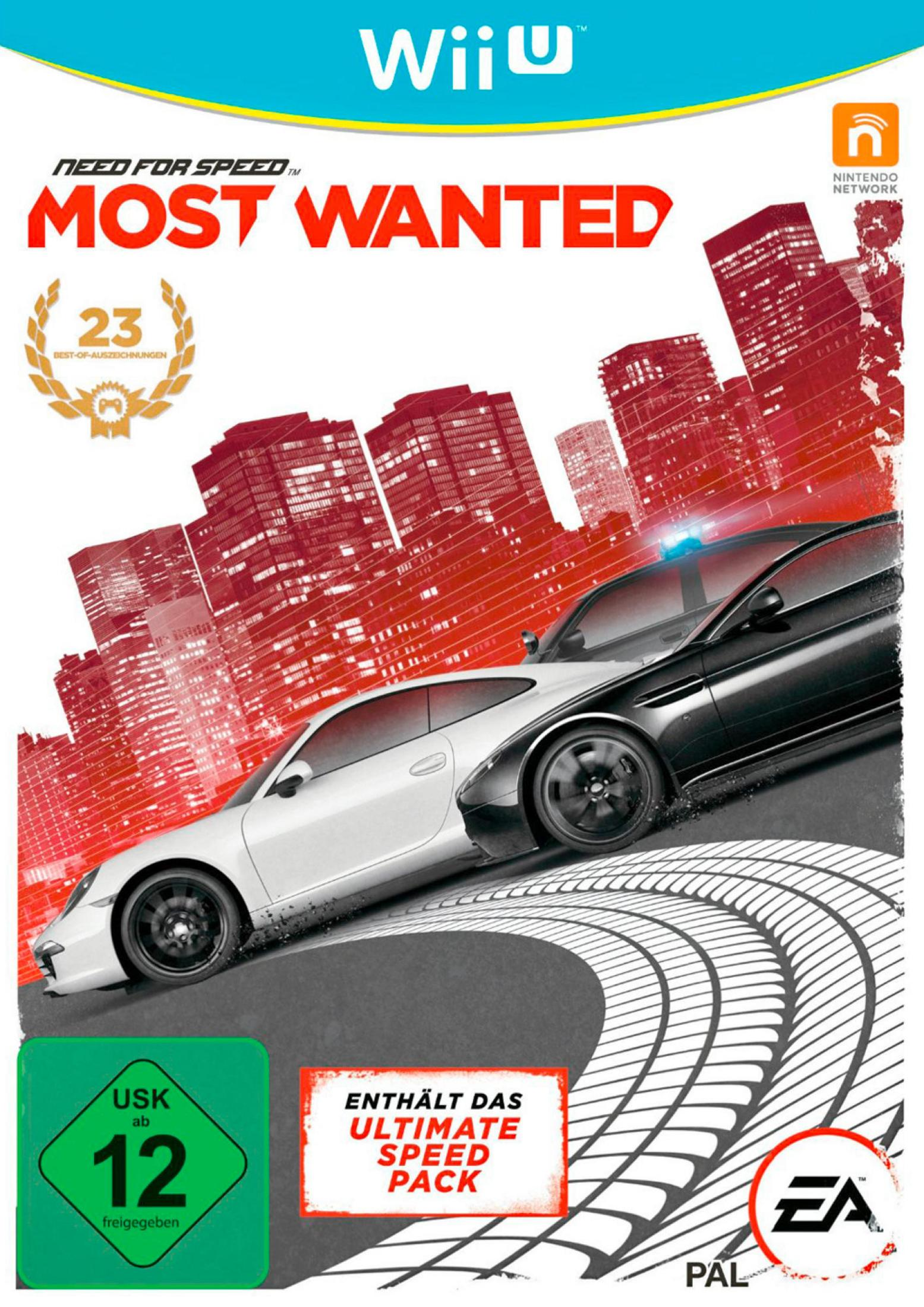 Wii U-Spielcover für Need for Speed Most Wanted, zwei Autos auf einer Strecke, Hintergrund Stadt, USK-12-Rating.
