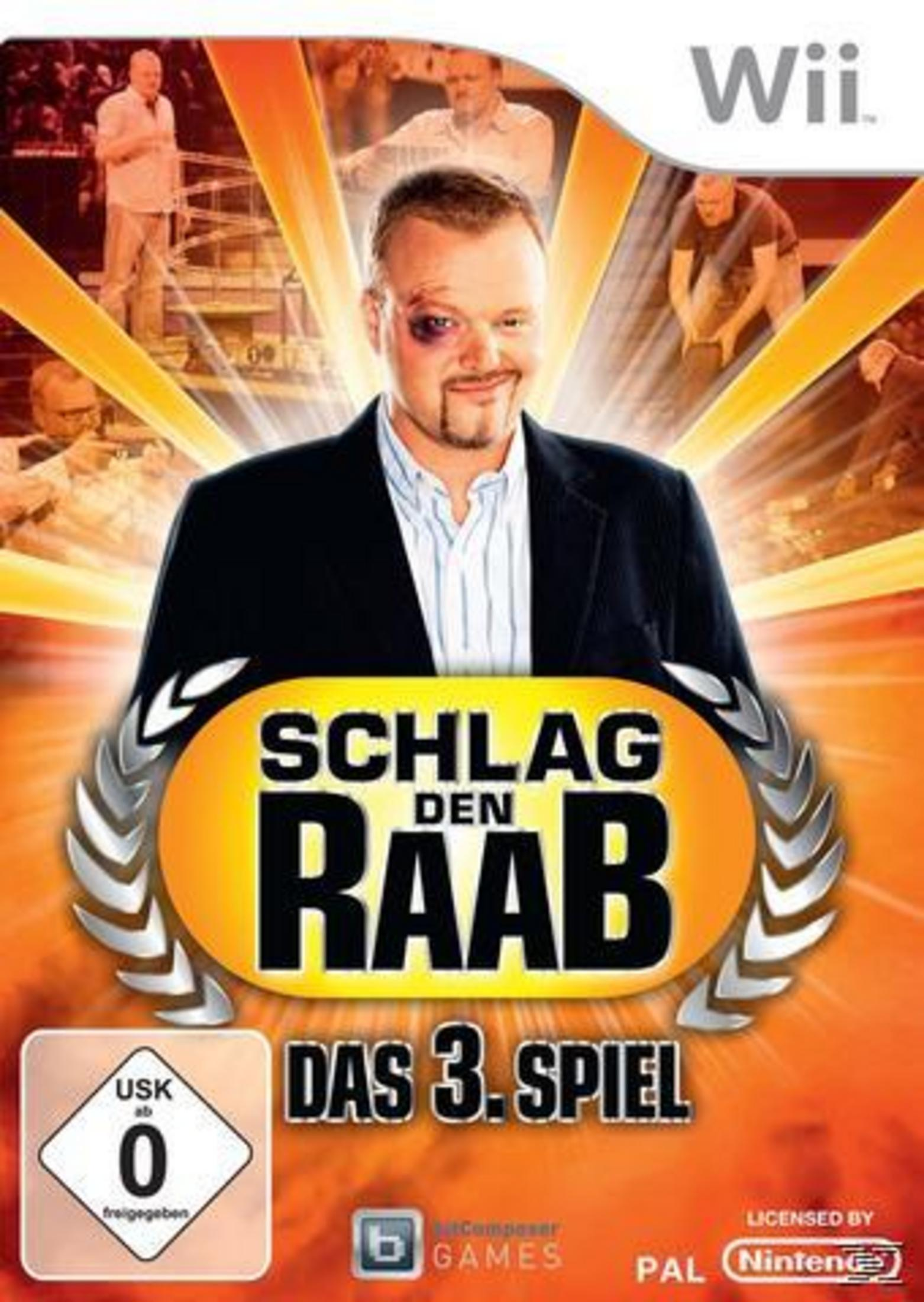 Wii-Spielcover, deutsche Spielshow Schlag den Raab, Mann mit blauem Auge, orangener Hintergrund, USK 0.