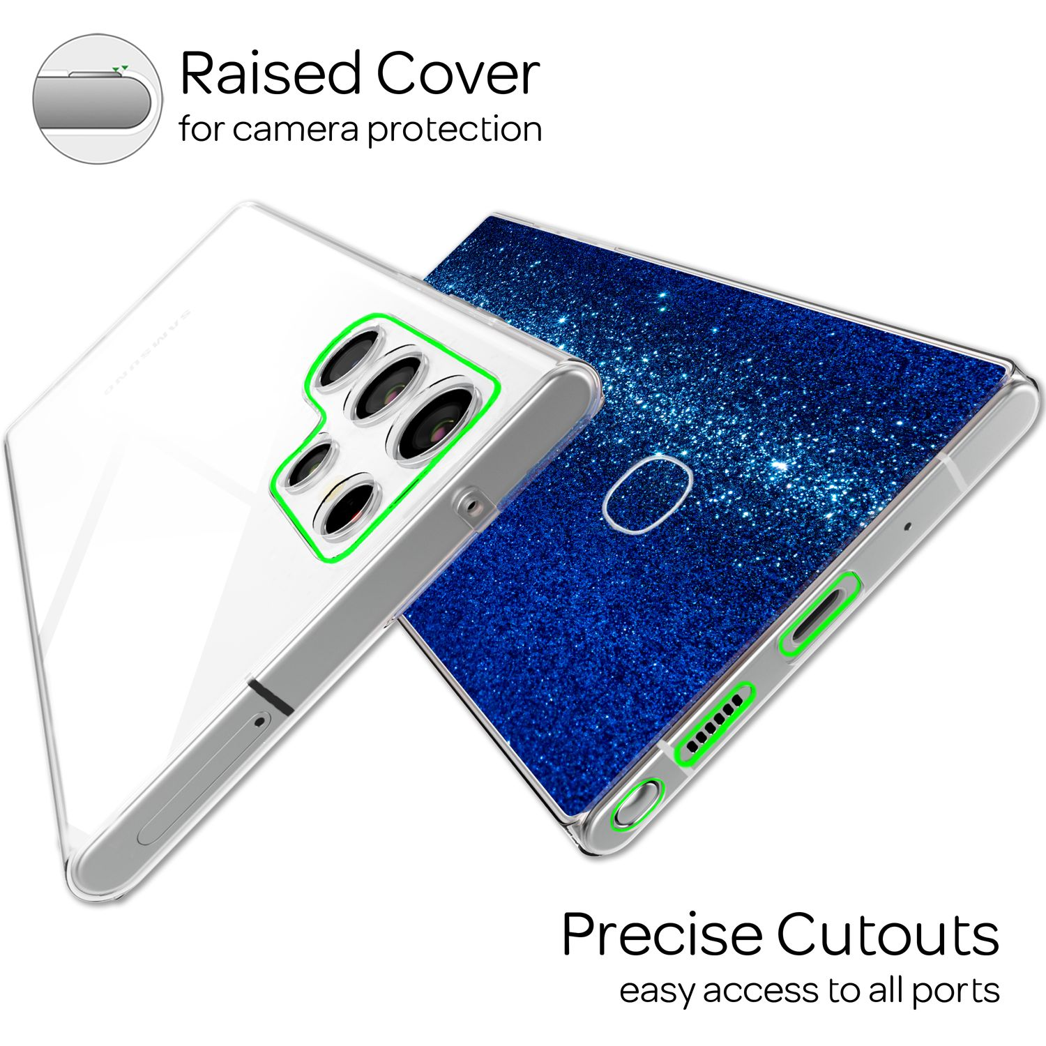 Eine transparente Handyhülle mit einem Handy mit blauem Glitzerdesign.