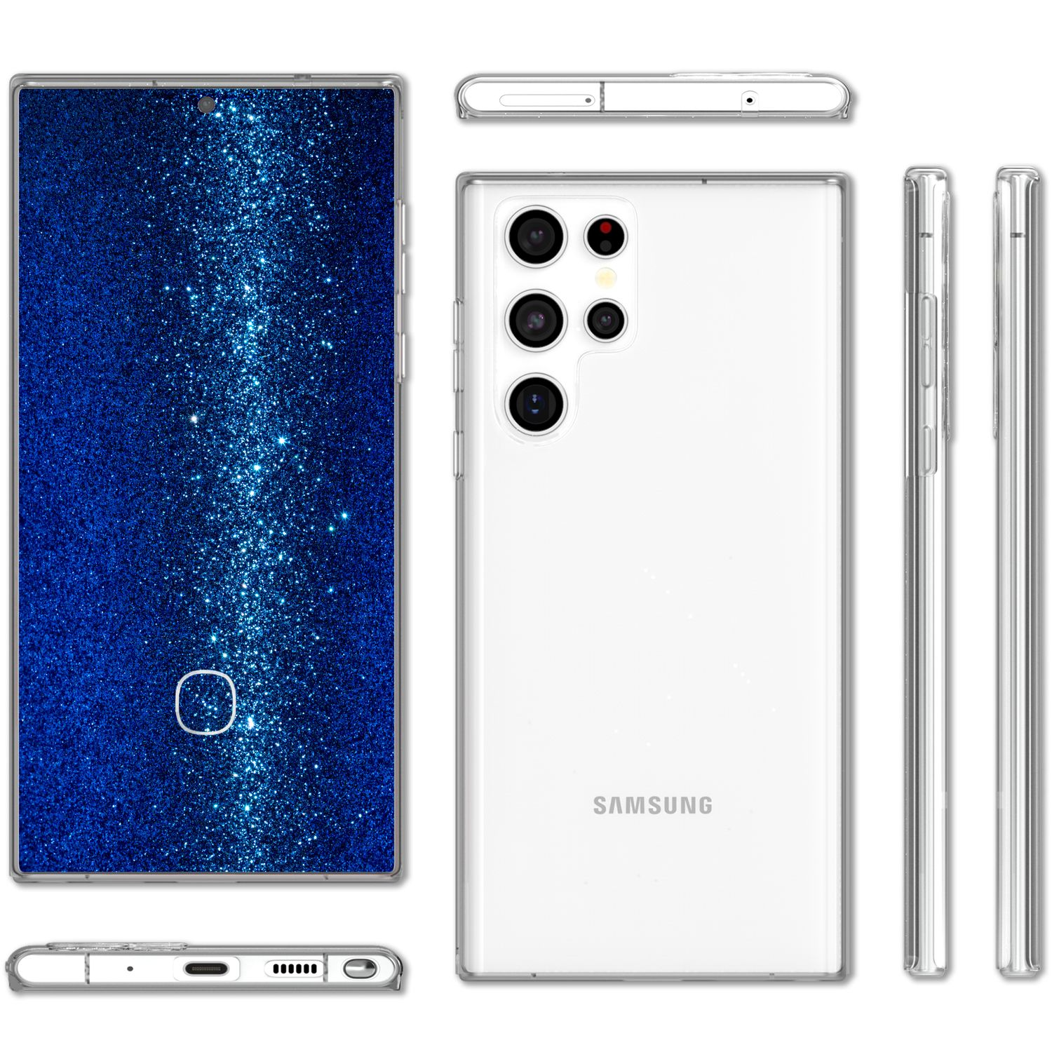 Weißes Samsung-Telefon, verschiedene Blickwinkel. Glitzernder blauer Hintergrund. Transparente Handyhülle.