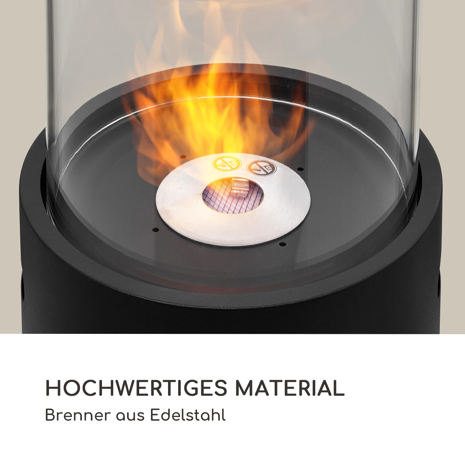 Primo piano della parte superiore del riscaldatore. Bruciatore in acciaio inox visibile. Testo: Materiale di alta qualità.