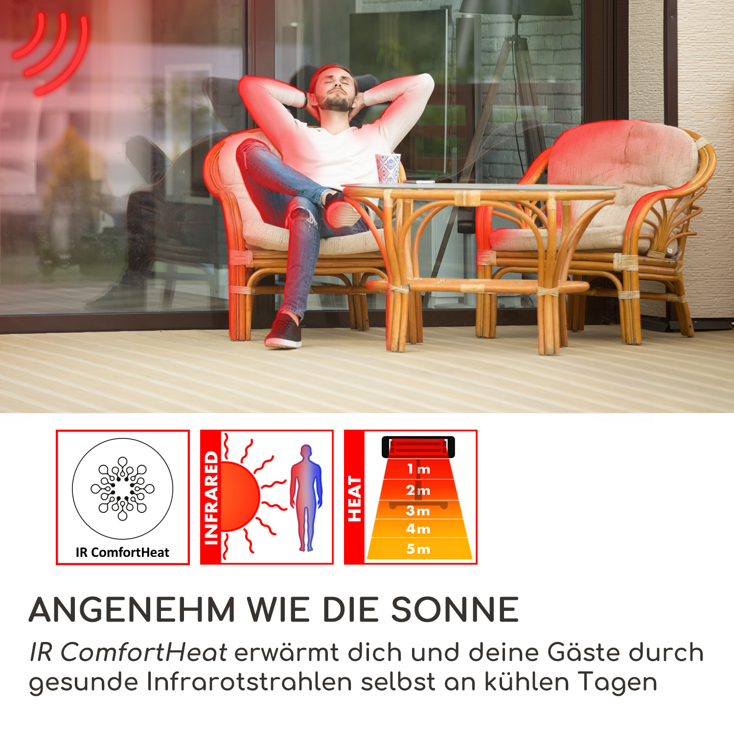 Ein Mann entspannt sich auf einer Terrasse mit einer Heizungsgrafik in der Ecke.