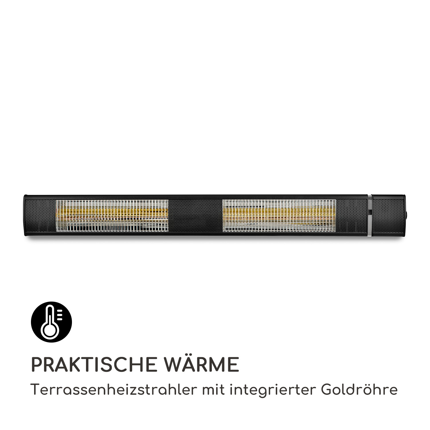 Schwarzes, rechteckiges Heizgerät für den Außenbereich mit zwei Heizelementen und Text unten.