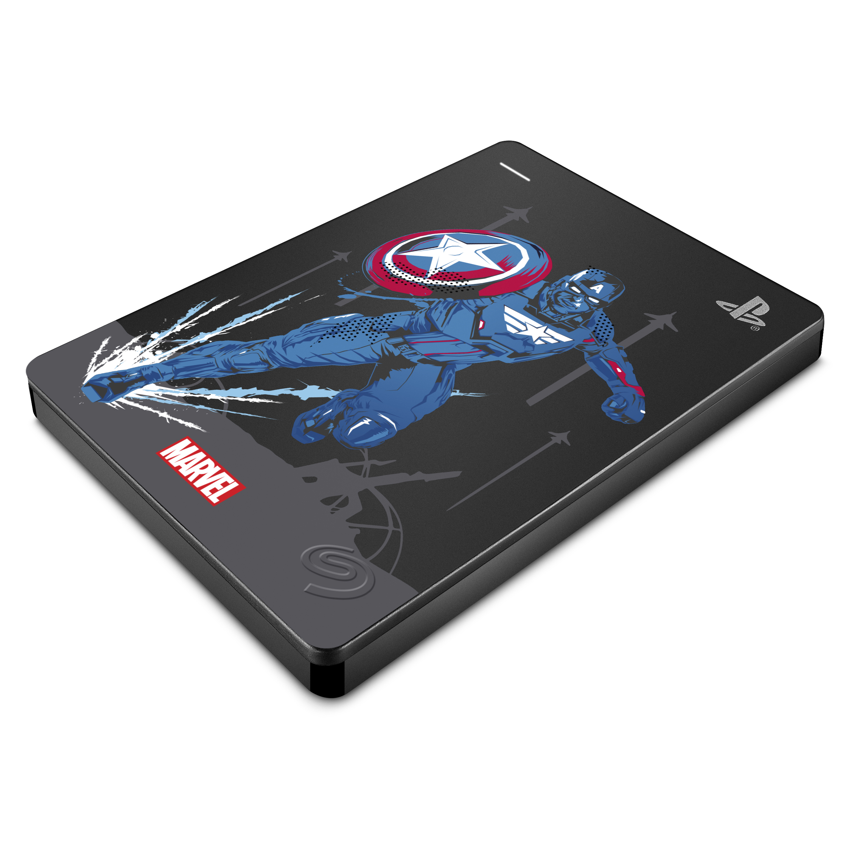 Immagine di Captain America su un disco rigido esterno nero PS5.