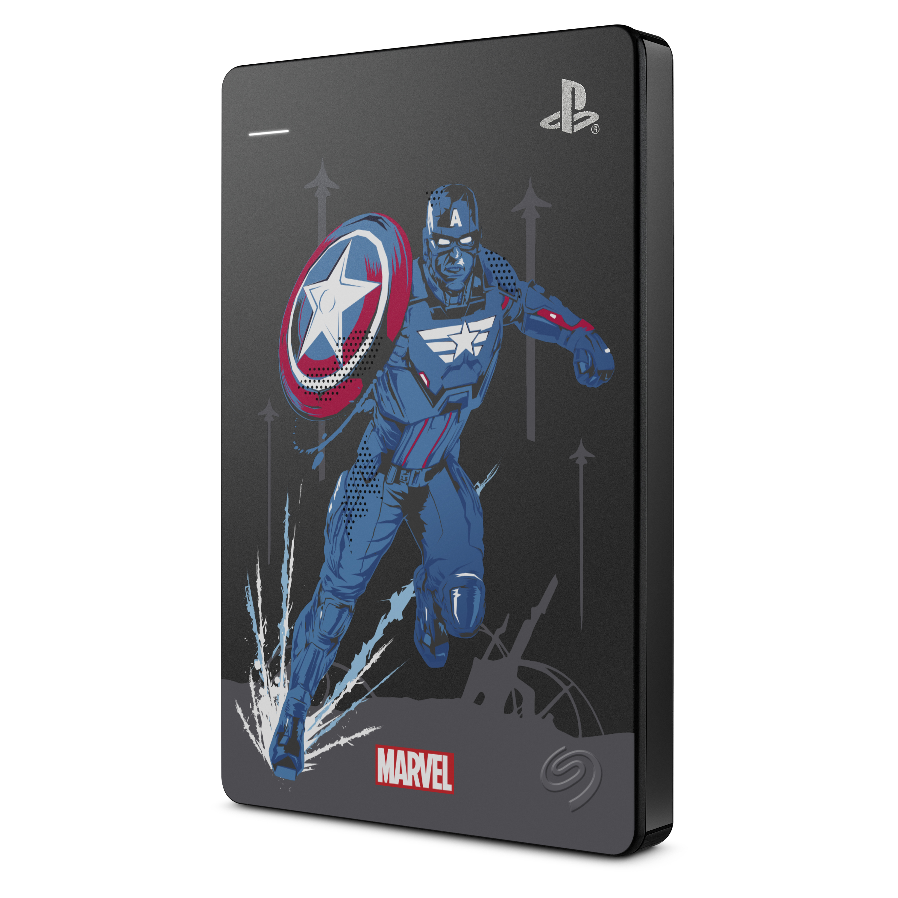 Un disco rigido esterno di Marvel Captain America, nero con un Captain America in corsa. Il logo è sul lato.