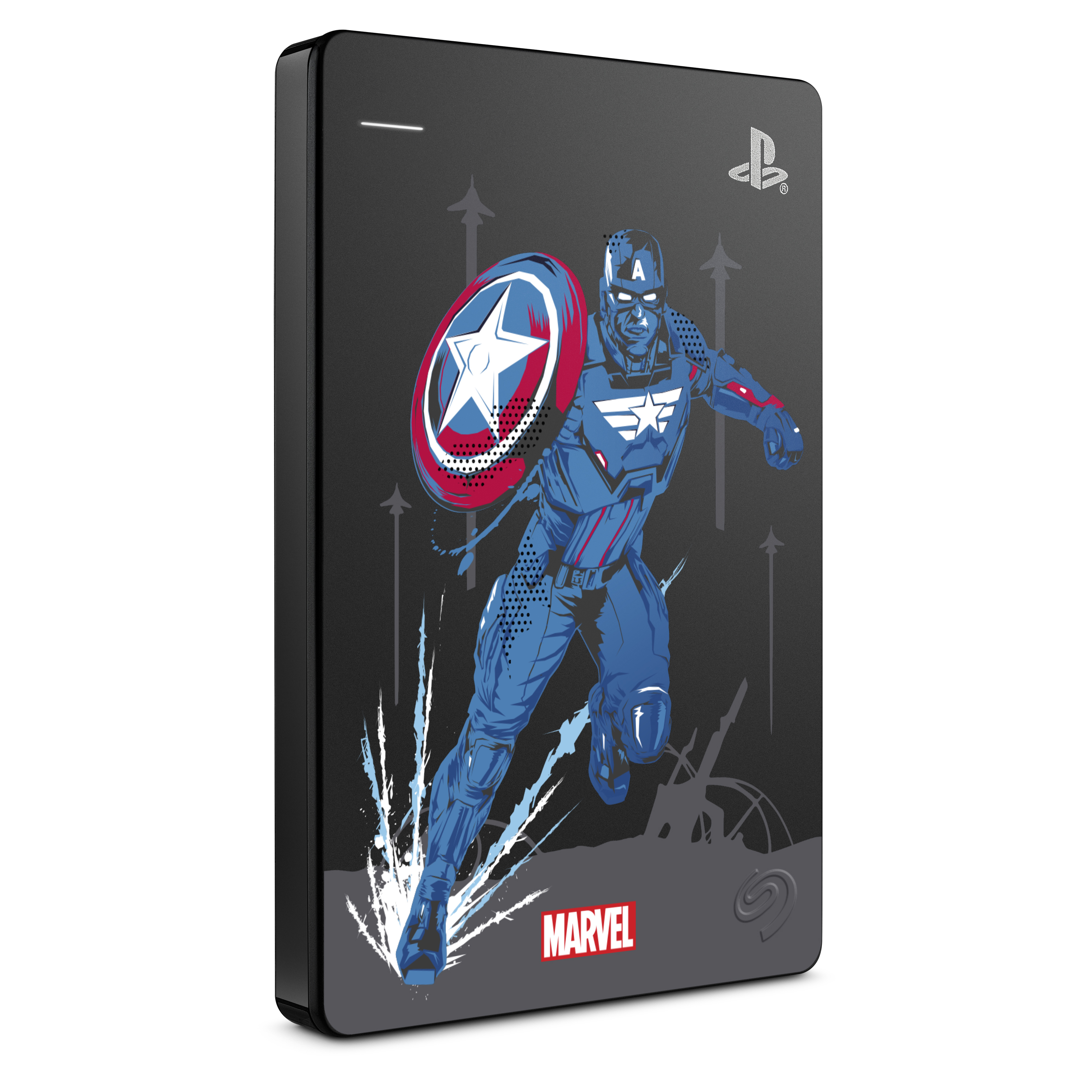 Hard disk esterno nero con grafica di Captain America. Il logo Marvel è in basso.