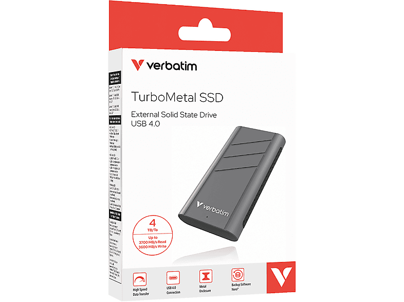 VERBATIM TurboMetal SSD 4TB USB4 r/w 3700/3600 MB/s 32023, 4000 GB SSD, extern, silber
