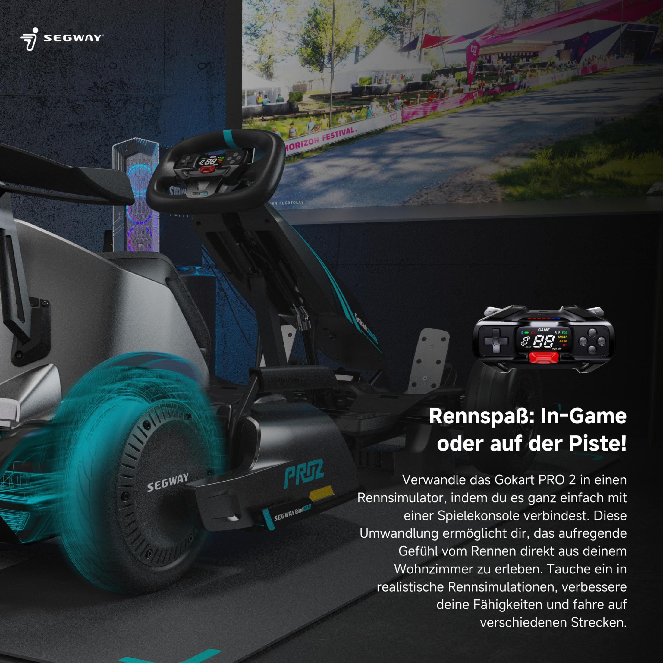 Segway Gokart PRO 2 w symulacji gry. Obraz ma niebieskie efekty energetyczne.