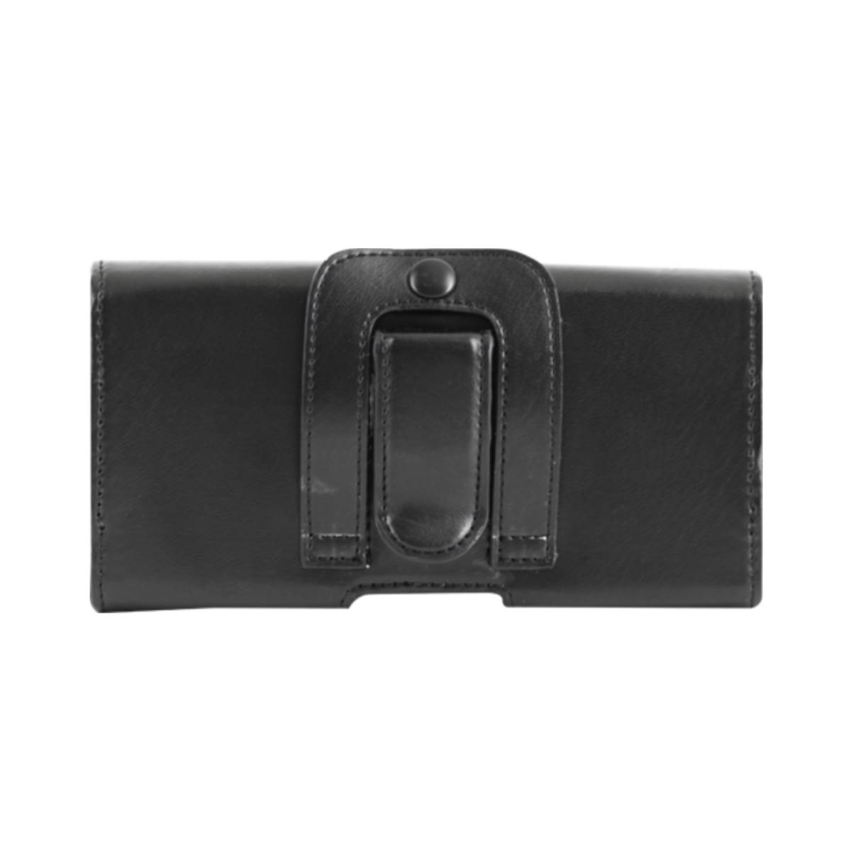 Custodia per telefono in pelle nera con clip da cintura, centrata su sfondo bianco. La custodia è rettangolare con patta e chiusura a bottone.
