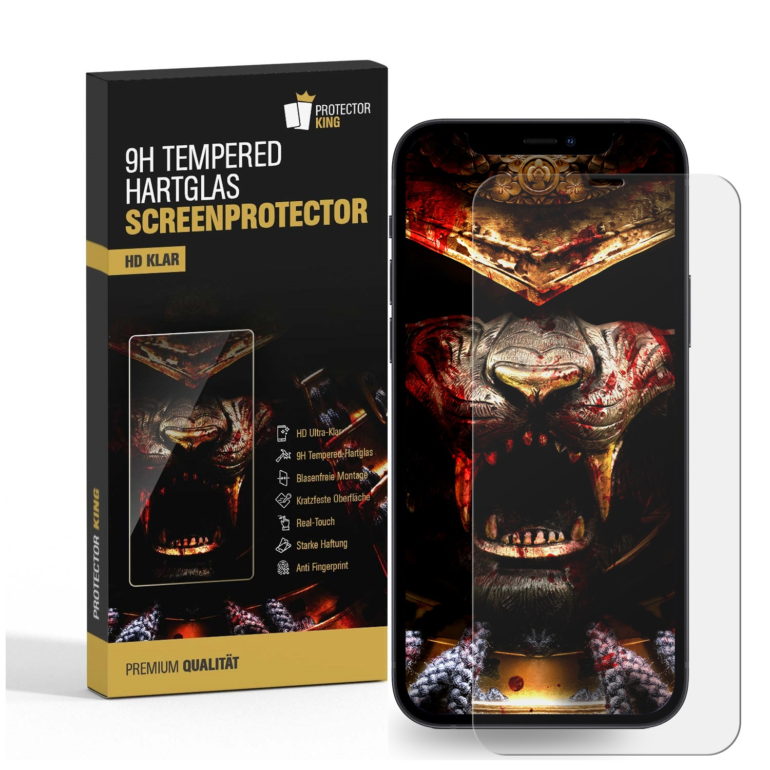 Telefon mit Displayschutz, Verpackung und Zubehör, auf weißem Hintergrund.