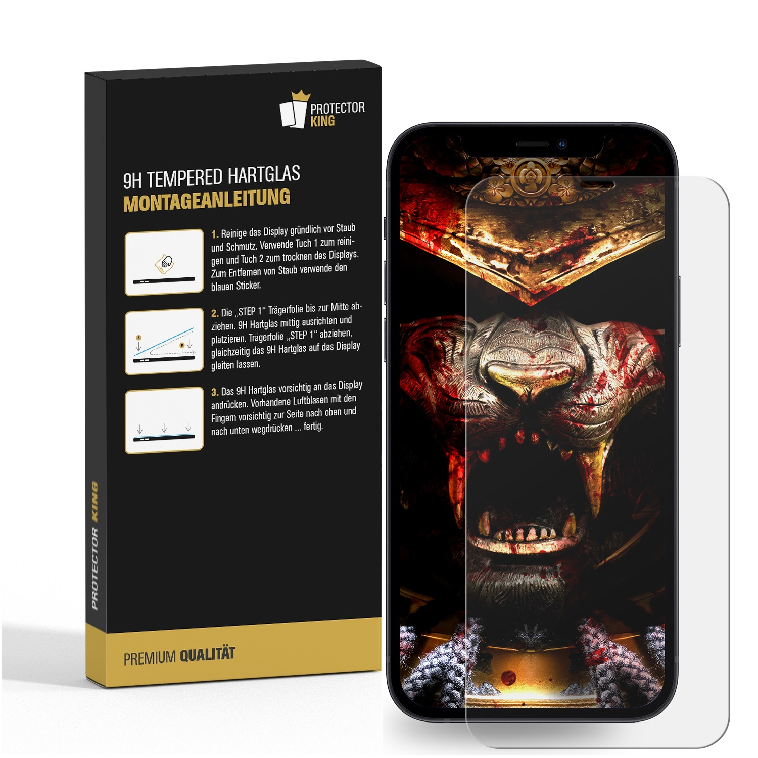 Smartphone mit angebrachtem Displayschutz und einer Verpackung mit Installationsschritten.