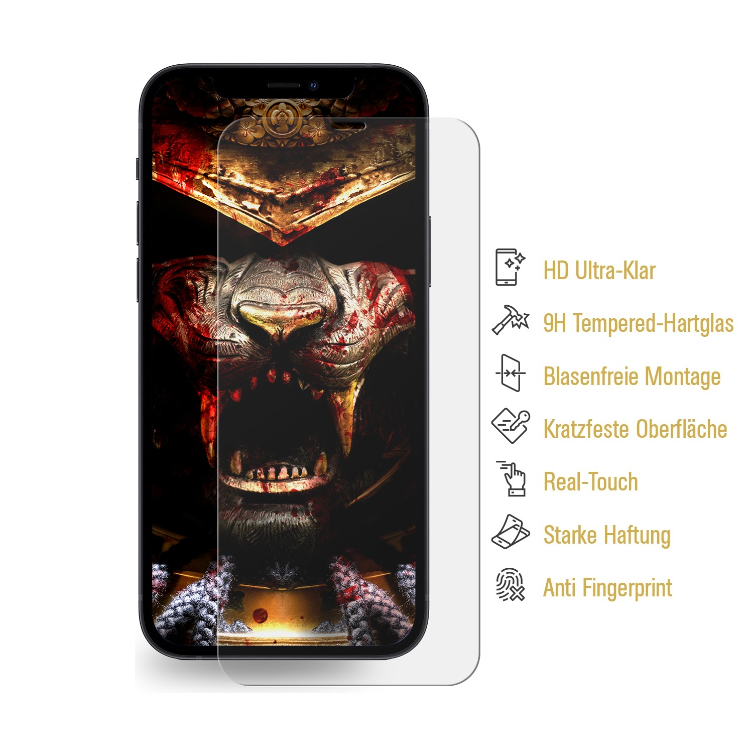 Telefon mit Displayschutz und Bild eines blutigen Kriegergesichts.