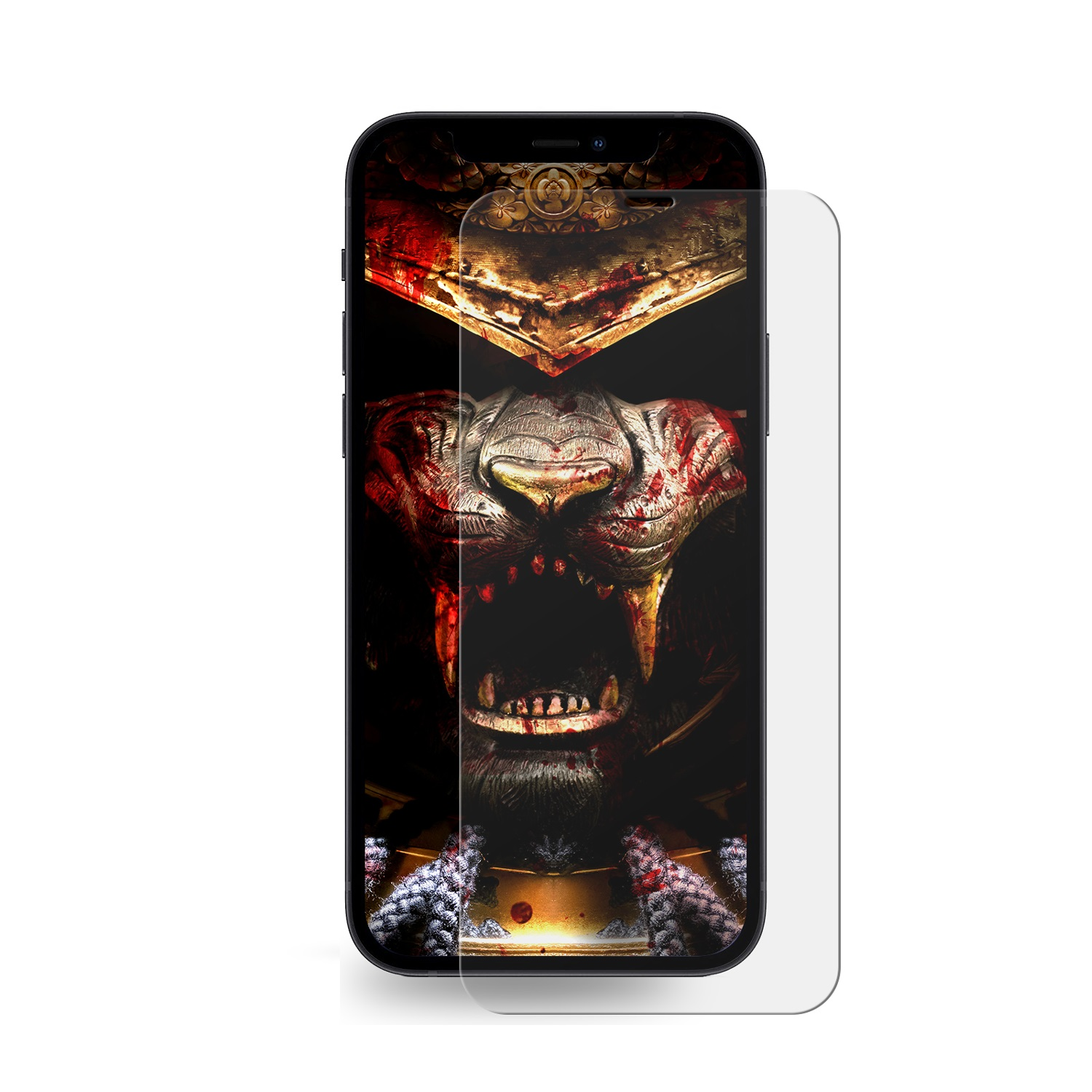 Telefon mit Displayschutz und einem gruseligen Löwengesicht auf dem Bildschirm.