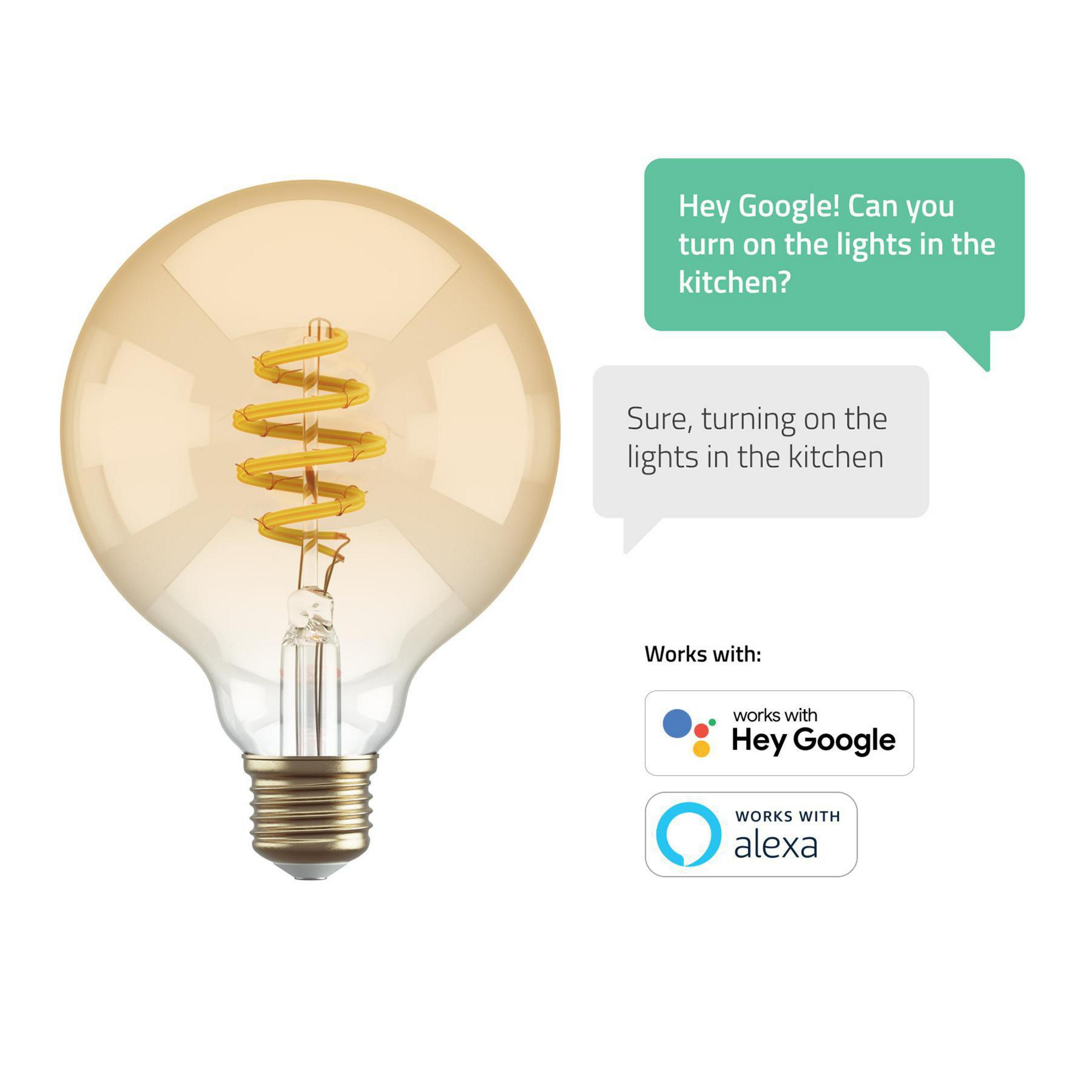 Une ampoule avec un filament en spirale, avec du texte indiquant qu'elle fonctionne avec Google et Alexa.